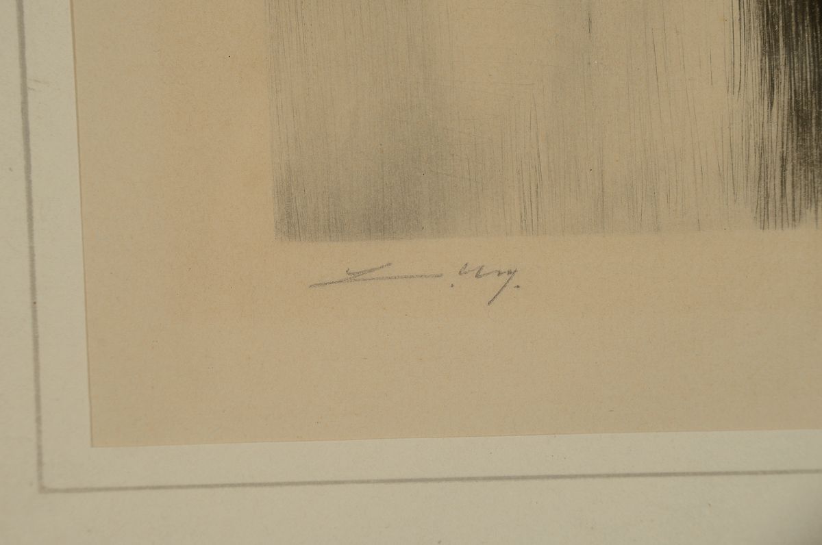 Detail a: Lesser Ury, 1861-1931, Kraftdroschke im Regen am Brandenburger Tor, Radierung, leicht gebräunt, links unten handsign., rechts unten num. 52/100, ca. ...