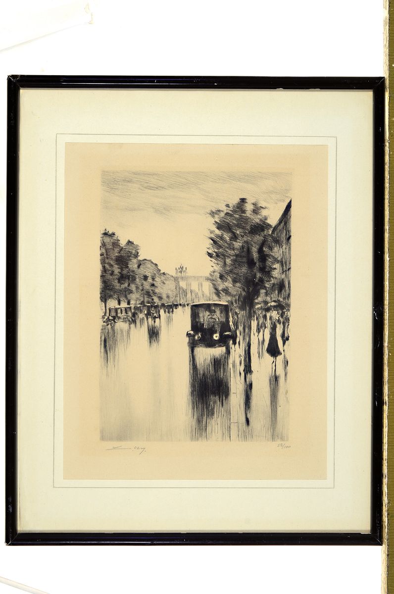 Detail k: Lesser Ury, 1861-1931, Kraftdroschke im Regen am Brandenburger Tor, Radierung, leicht gebräunt, links unten handsign., rechts unten num. 52/100, ca. ...