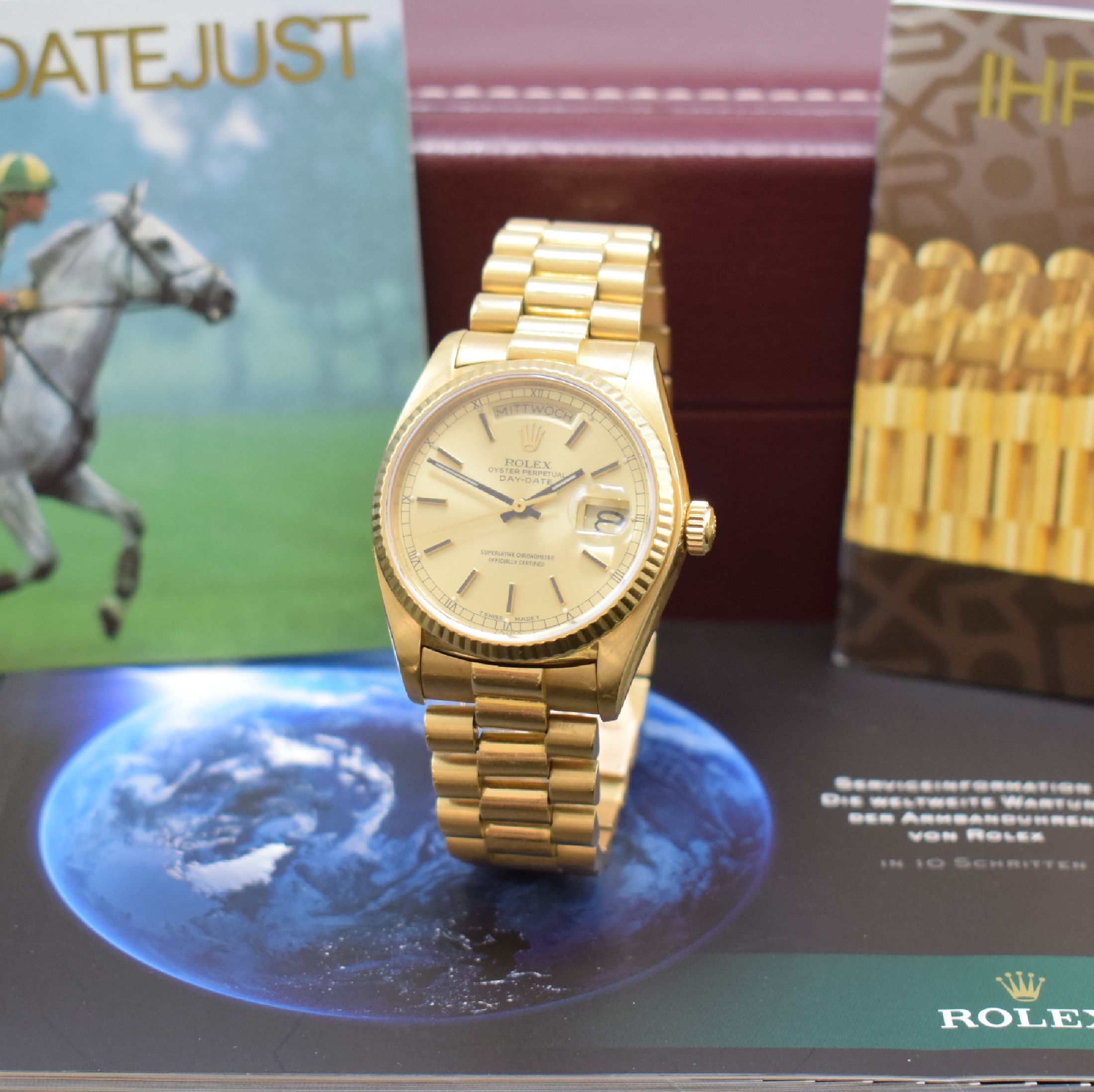 ROLEX Day-Date Herrenarmbanduhr in GG 750/000 Referenz 18038, Schweiz um 1980, Automatik, verschr. Oystergeh., Präsidentband m. verd. Faltschl., ...