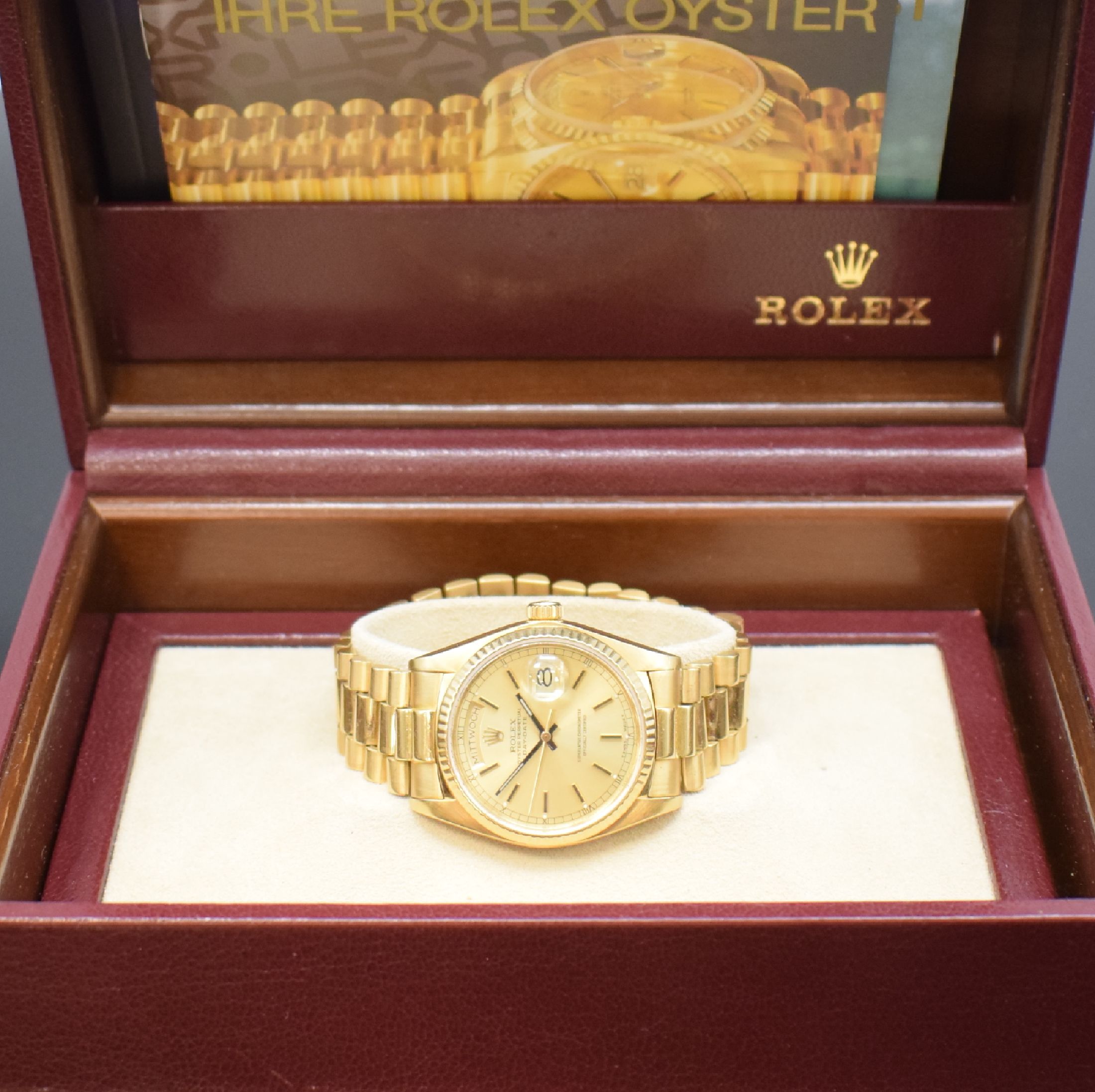 Detail f: ROLEX Day-Date Herrenarmbanduhr in GG 750/000 Referenz 18038, Schweiz um 1980, Automatik, verschr. Oystergeh., Präsidentband m. verd. Faltschl., ...