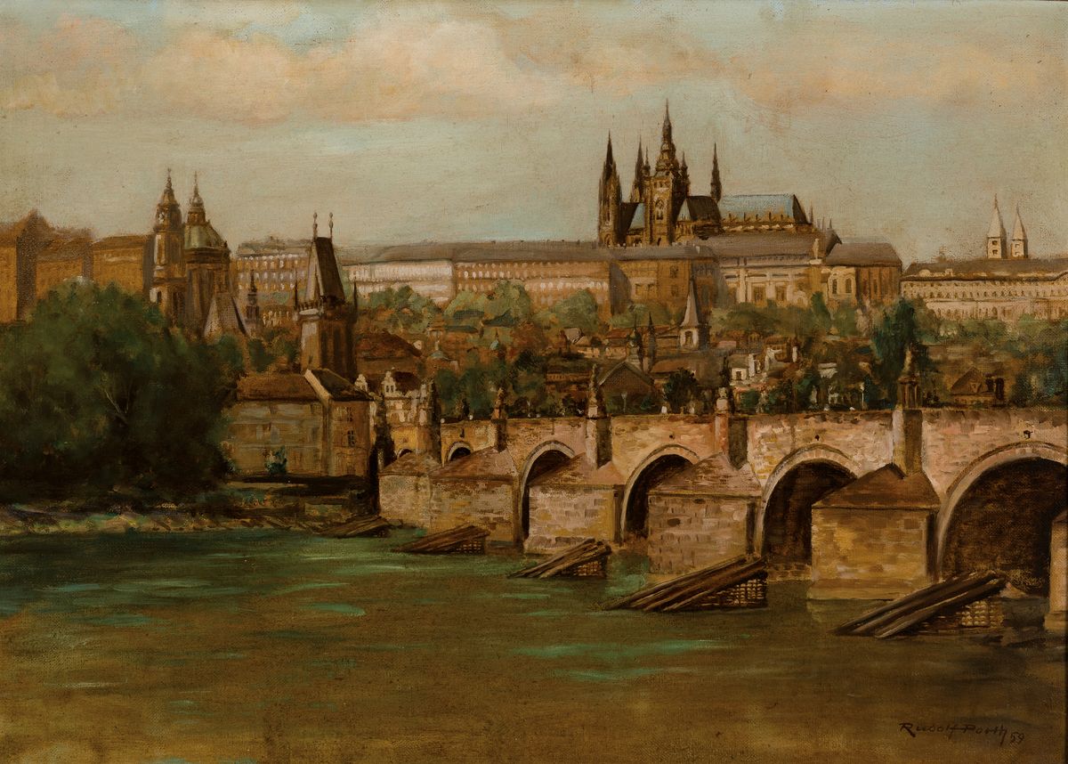 Rudolf Porth, dat. (19)59, Professur am Städelschen Kunstinstitut, Ansicht aus Prag, Blick über die Karlsbrücke auf die Prager Burg Öl/Lwd, ...