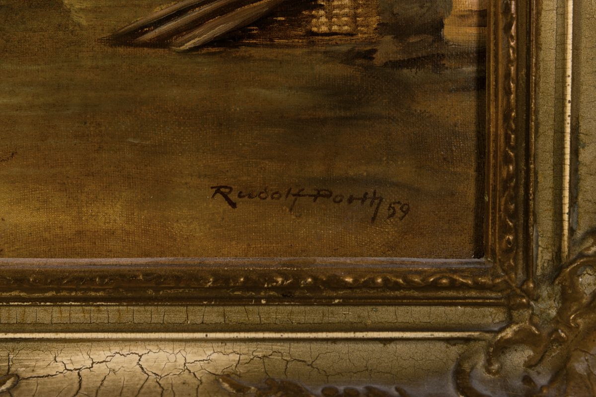 Detail a: Rudolf Porth, dat. (19)59, Professur am Städelschen Kunstinstitut, Ansicht aus Prag, Blick über die Karlsbrücke auf die Prager Burg Öl/Lwd, ...