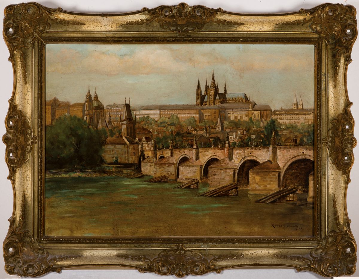 Detail k: Rudolf Porth, dat. (19)59, Professur am Städelschen Kunstinstitut, Ansicht aus Prag, Blick über die Karlsbrücke auf die Prager Burg Öl/Lwd, ...