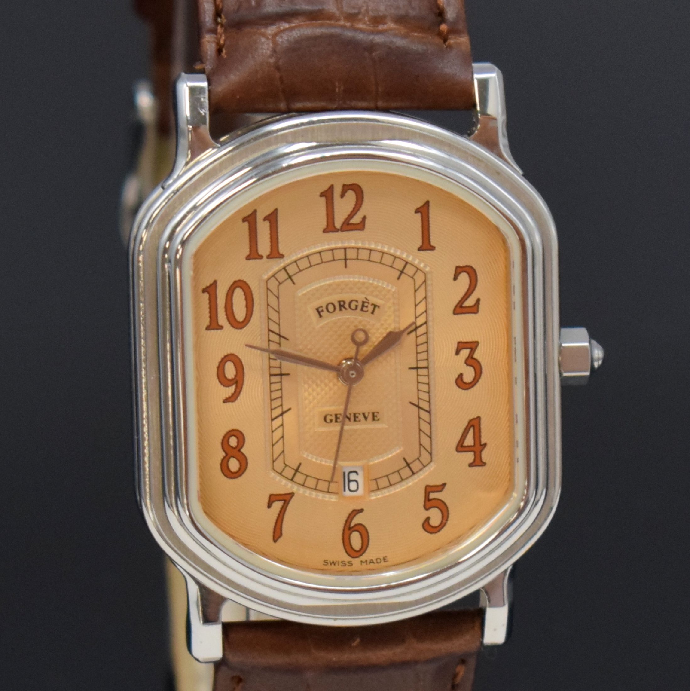 Detail a: FORGET ungetragene Armbanduhr in Edelstahl, Schweiz um 1990, Automatik, aufwendiges, rechteck. und beids. vergl. Geh., Boden 4-fach verschr., ...