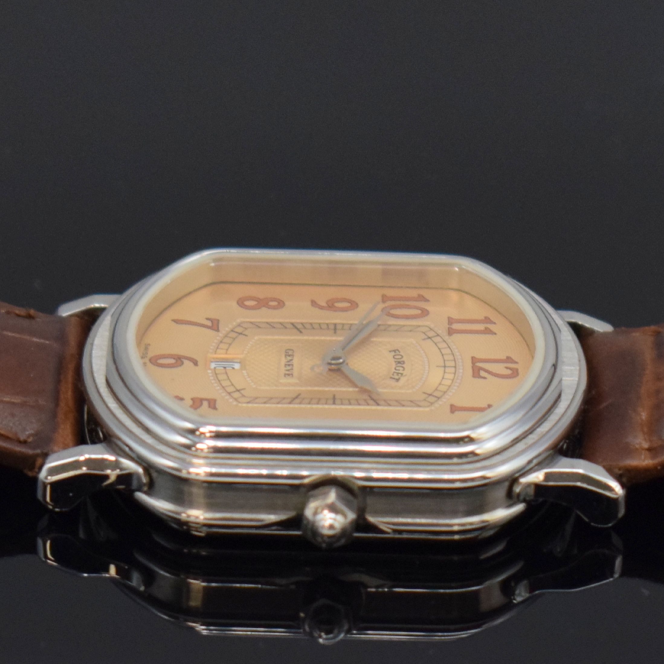 Detail b: FORGET ungetragene Armbanduhr in Edelstahl, Schweiz um 1990, Automatik, aufwendiges, rechteck. und beids. vergl. Geh., Boden 4-fach verschr., ...