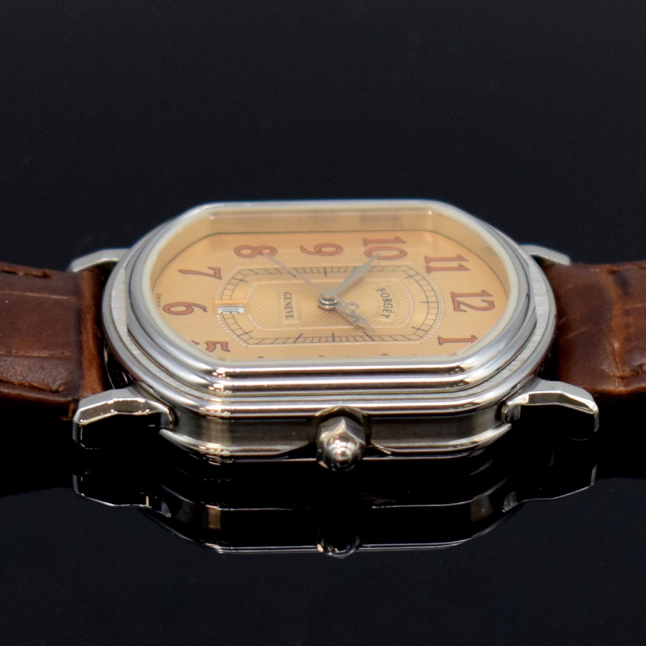 Detail c: FORGET ungetragene Armbanduhr in Edelstahl, Schweiz um 1990, Automatik, aufwendiges, rechteck. und beids. vergl. Geh., Boden 4-fach verschr., ...