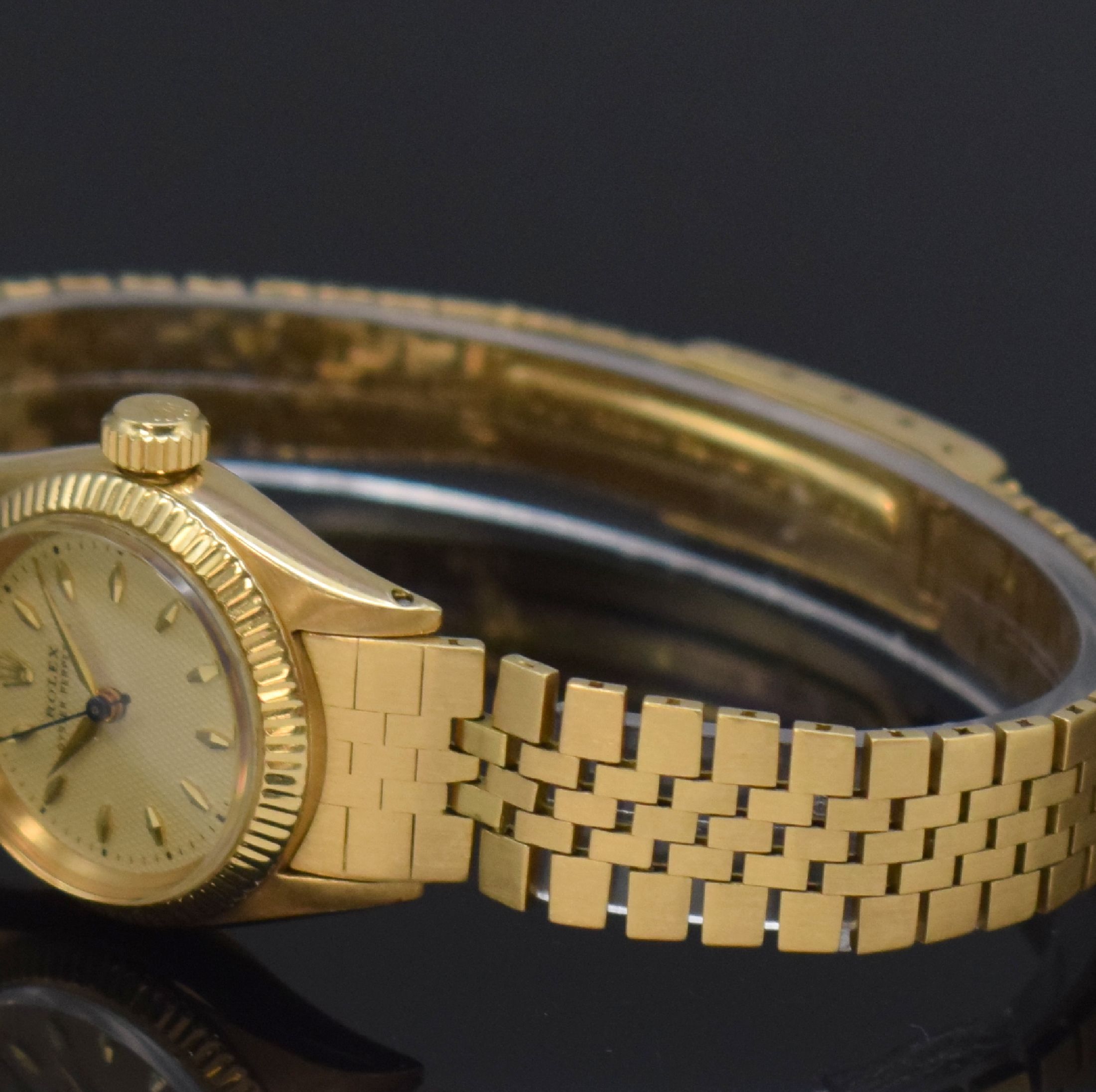 Detail d: ROLEX Oyster Perpetual Damenarmbanduhr in GG 750/000 Referenz 6619, Schweiz um 1958, Automatik, verschr. Oystergeh. inkl. orig. Gliederband mit ...