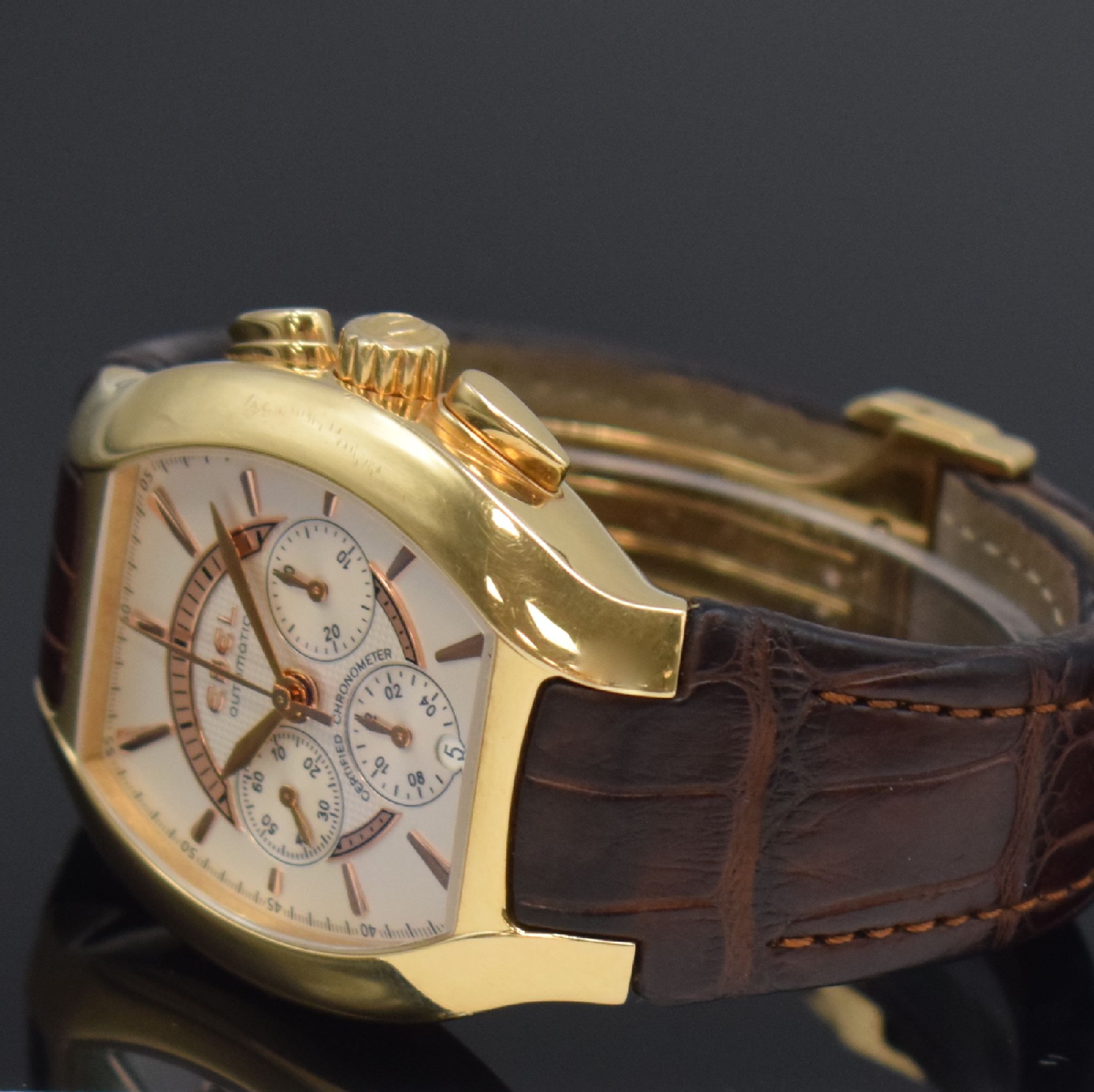 Detail e: EBEL Ebellissimo große, 170g schwere Herrenarmbanduhr mit Chronograph in RoseG 750/000 Chronometer Referenz 5137G41, Schweiz um 2008, Automatik, ...
