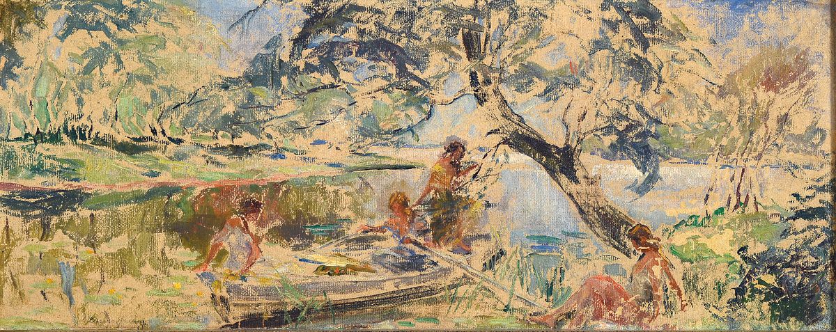 Ungedeuteter Künstler Anfang des 20.Jh., Anfang/Mitte 20.Jh., Figurengruppe in Parklandschaft, 5 Frauen um ein Boot am Weiher, links unten ...