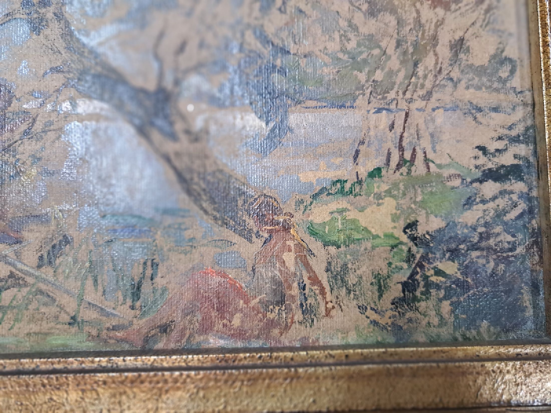 Detail a: Ungedeuteter Künstler Anfang des 20.Jh., Anfang/Mitte 20.Jh., Figurengruppe in Parklandschaft, 5 Frauen um ein Boot am Weiher, links unten ...