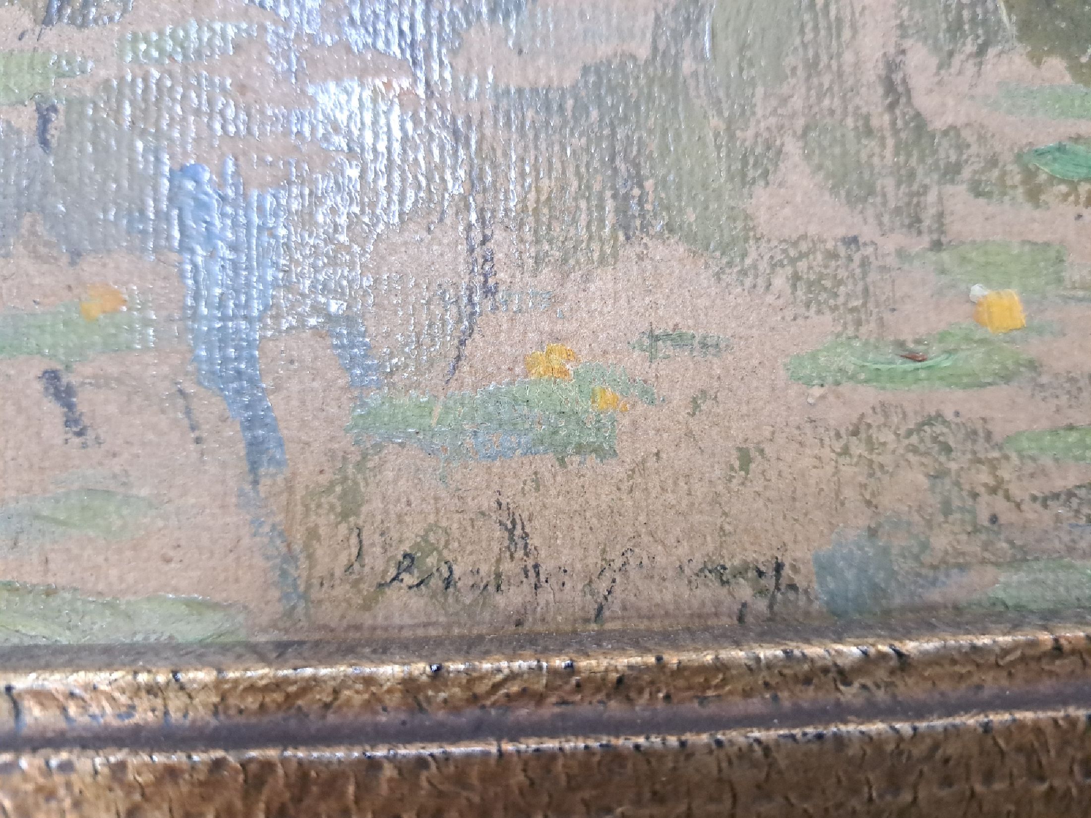 Detail b: Ungedeuteter Künstler Anfang des 20.Jh., Anfang/Mitte 20.Jh., Figurengruppe in Parklandschaft, 5 Frauen um ein Boot am Weiher, links unten ...