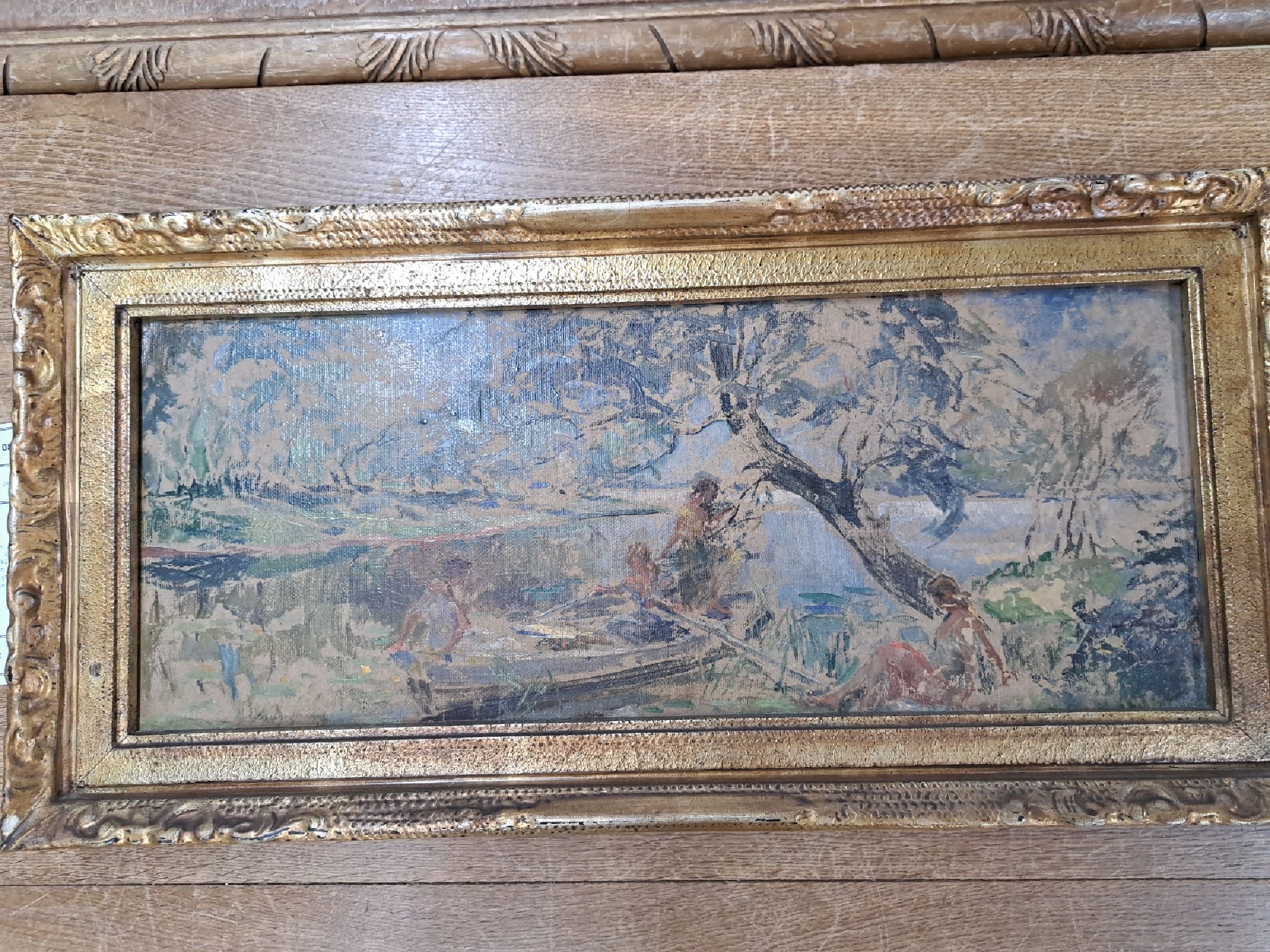 Detail d: Ungedeuteter Künstler Anfang des 20.Jh., Anfang/Mitte 20.Jh., Figurengruppe in Parklandschaft, 5 Frauen um ein Boot am Weiher, links unten ...