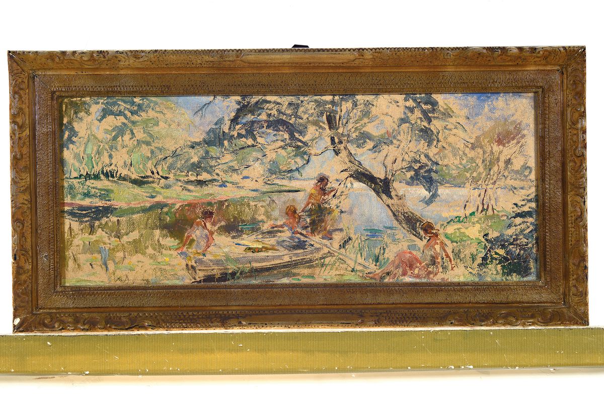 Detail k: Ungedeuteter Künstler Anfang des 20.Jh., Anfang/Mitte 20.Jh., Figurengruppe in Parklandschaft, 5 Frauen um ein Boot am Weiher, links unten ...