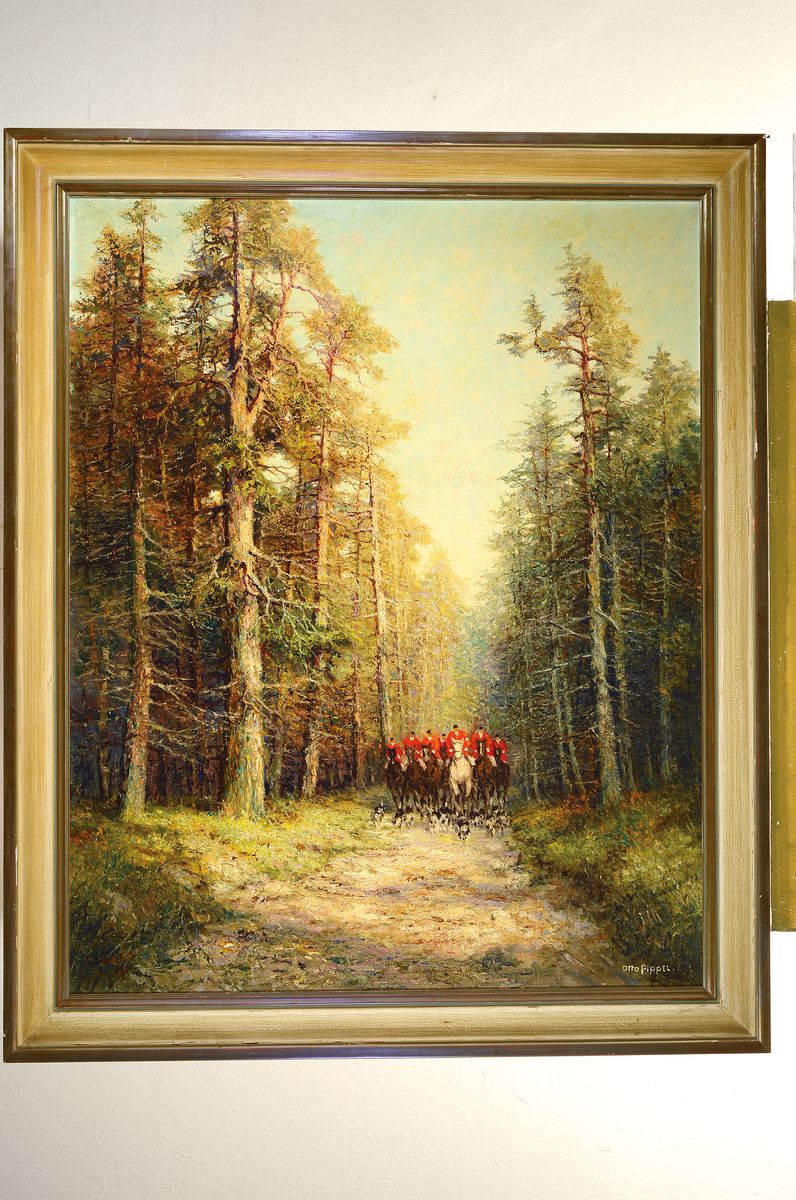 Detail k: Otto Pippel, 1878 Lodz-1970 Planegg, "Ausritt zur Fuchsjagd" so verso auf altem Etikett bezeichnet, Waldweg in Fluchtpunktperspektive, ...