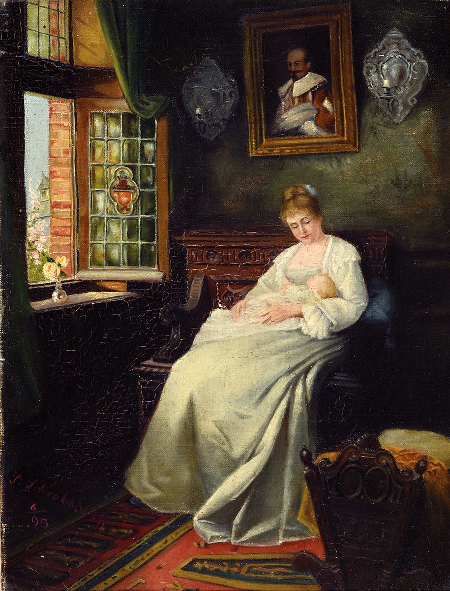 S. Schrobsdorff, datiert 6.(19)95, Junge Frau mit Kleinkind in der Stube vor geöffnetem Fenster, Öl/Lwd, links unten signiert, ca. 33x25cm, R. ca. ...