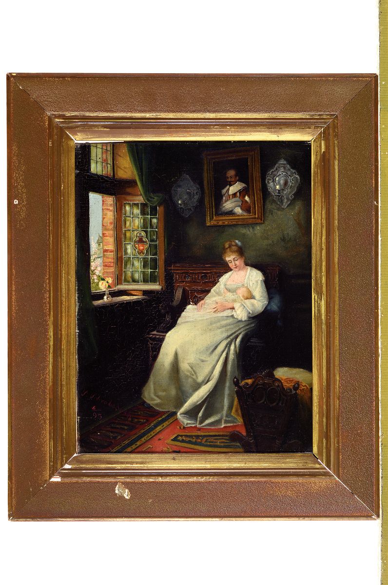 Detail k: S. Schrobsdorff, datiert 6.(19)95, Junge Frau mit Kleinkind in der Stube vor geöffnetem Fenster, Öl/Lwd, links unten signiert, ca. 33x25cm, R. ca. ...