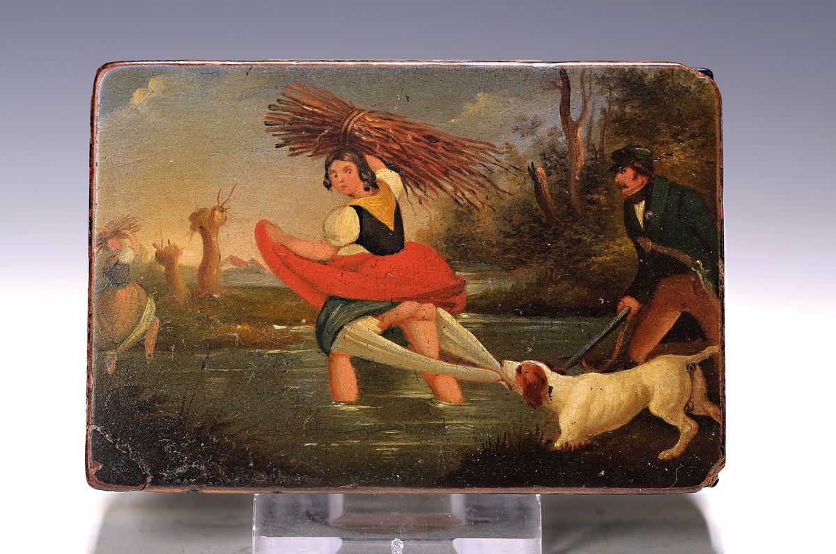 Deckeldose, deutsch, um 1820, "Der gute Jagdhund",erotische Darstellung, Lack, Jagdhund reißt bäuerlichen Frau bei der Arbeitdas Kleid ...