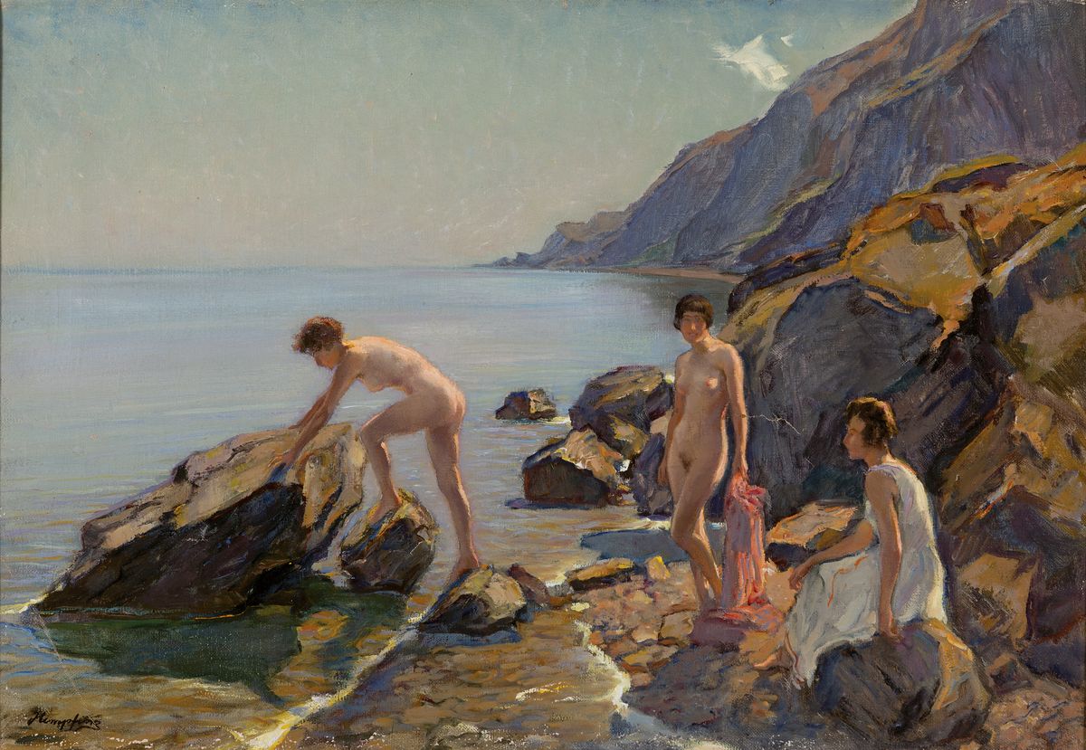 Wilhelm Hempfing, 1886 Schönau - 1948 Karlsruhe, Studium an der Akademie Karlsruhe, hier: Badende am felsigen Ufer, Öl/Lwd, li. unten signiert, ca. ...