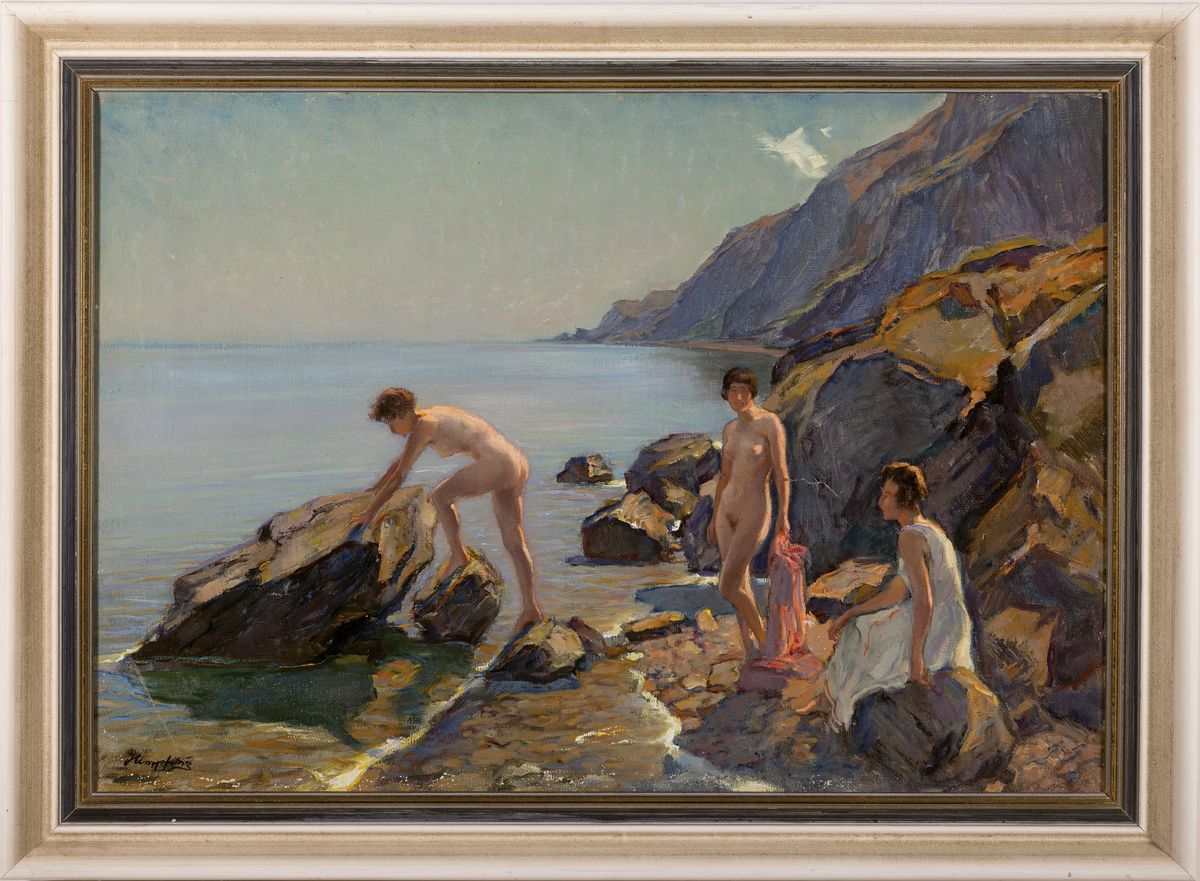 Detail k: Wilhelm Hempfing, 1886 Schönau - 1948 Karlsruhe, Studium an der Akademie Karlsruhe, hier: Badende am felsigen Ufer, Öl/Lwd, li. unten signiert, ca. ...