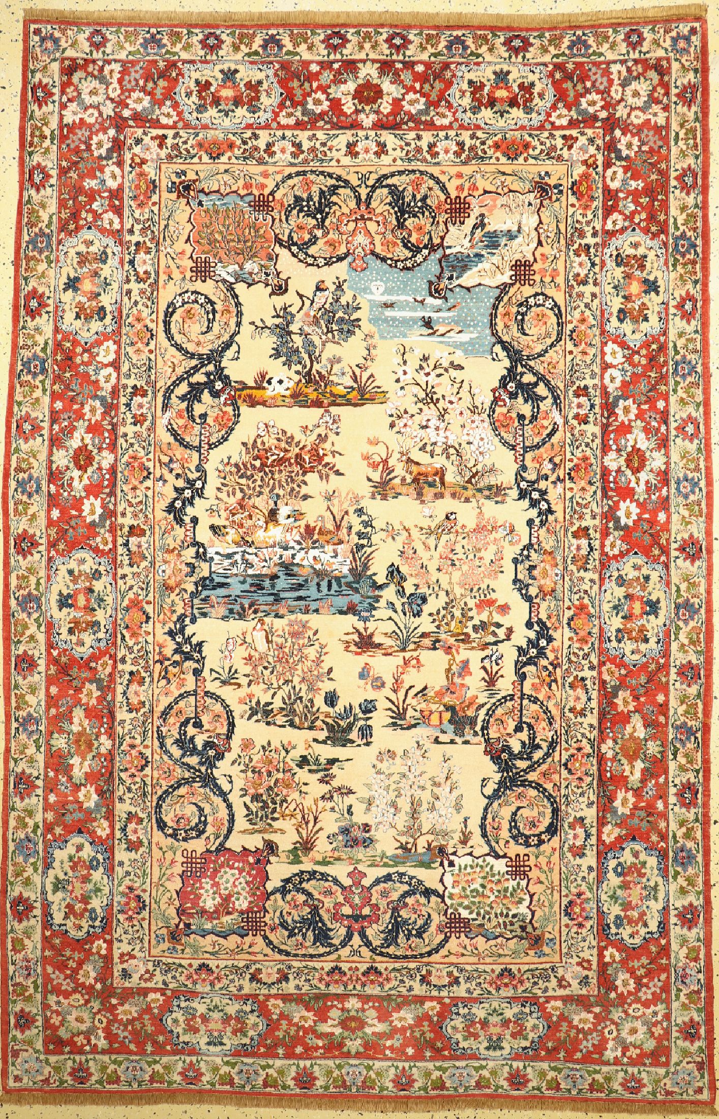 Seltener Ghom Kork alt, Persien, um 1950, Korkwolle mit Seide und Baumwoll Highlights, ca. 306 x 202 cm, EHZ: 1-2