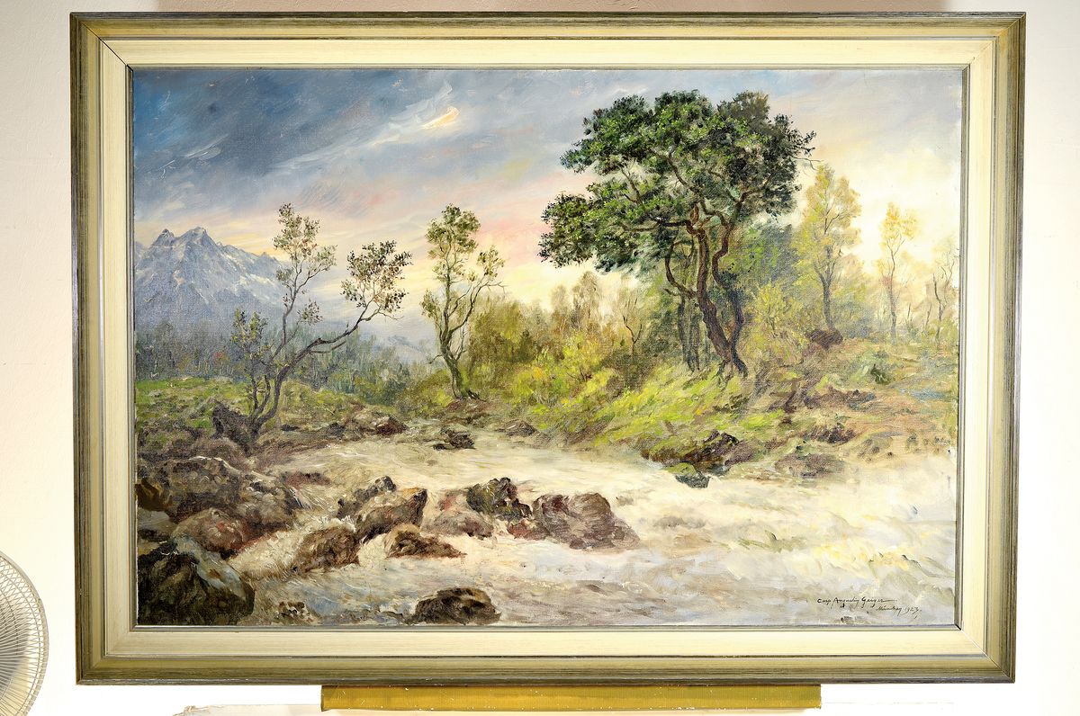 Detail k: Caspar Augustin Geiger, 1847 - 1924,, Münchener Maler, Vorgebirgslandschaft mit wildem Bach, bewegter Himmel, Öl/Lwd, re. unten signiert und dat. ...