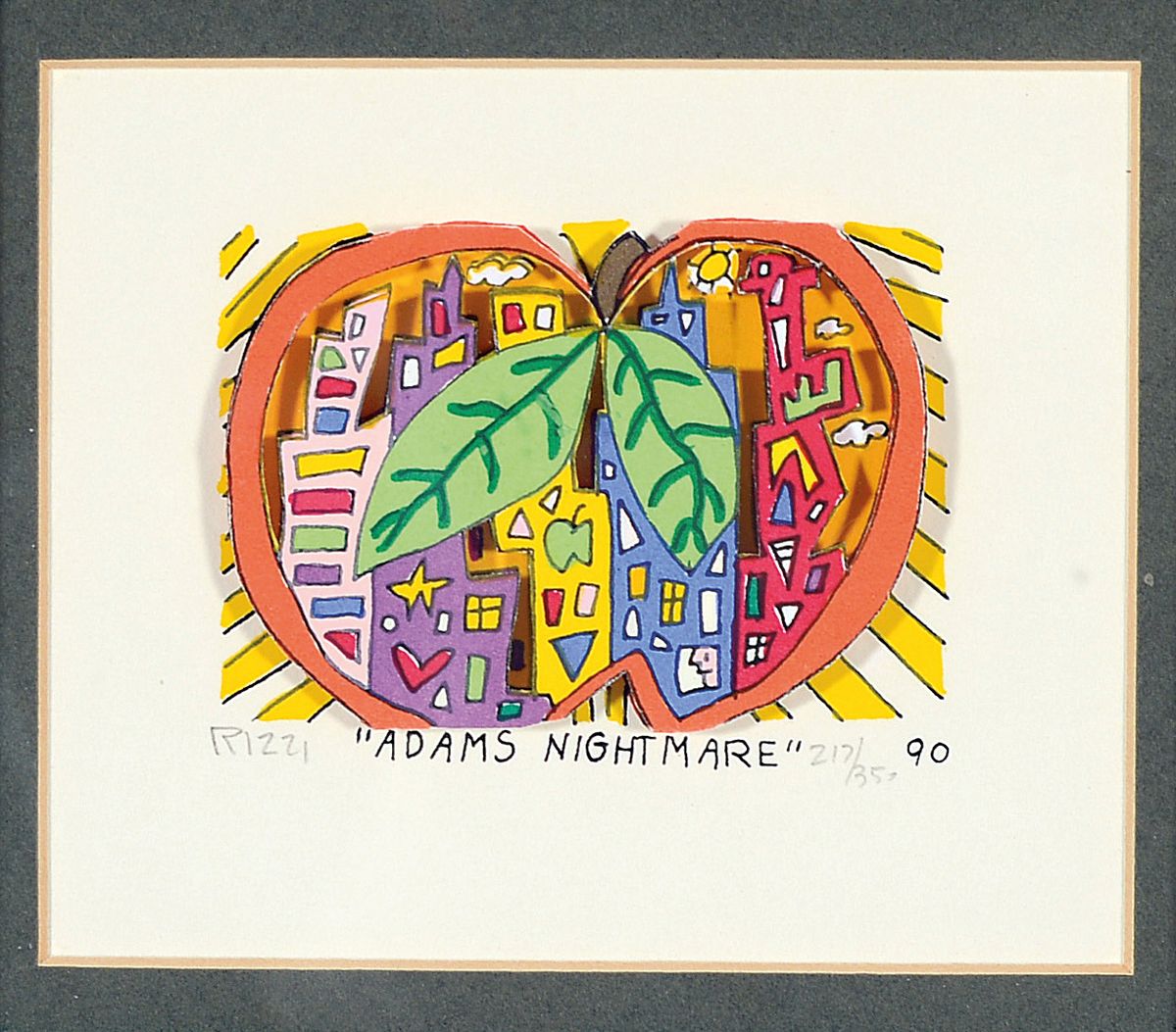 James Rizzi, 1950-2011, 3D-Farbserigraphie "Adams Nightmare" (1990), Ed. 212/351, handsigniert, Bild 10x12 cm, unter PP und Glasgerahmt, ...