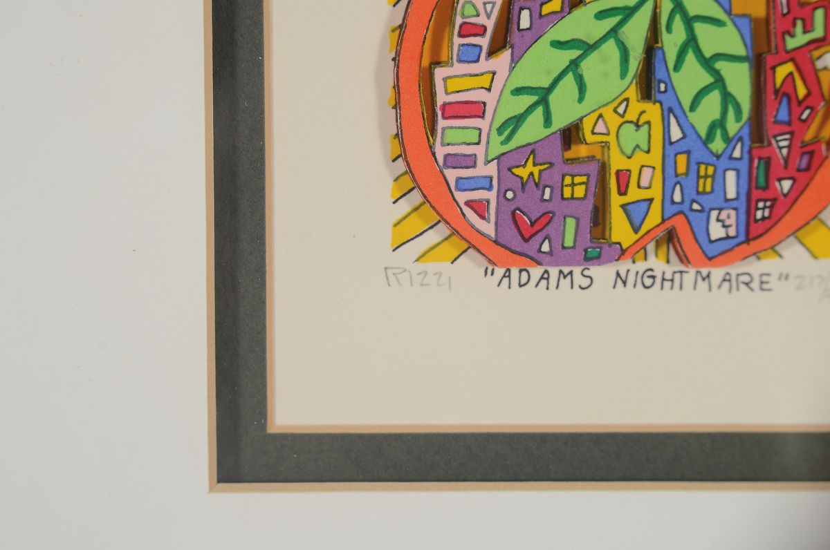 Detail a: James Rizzi, 1950-2011, 3D-Farbserigraphie "Adams Nightmare" (1990), Ed. 212/351, handsigniert, Bild 10x12 cm, unter PP und Glasgerahmt, ...