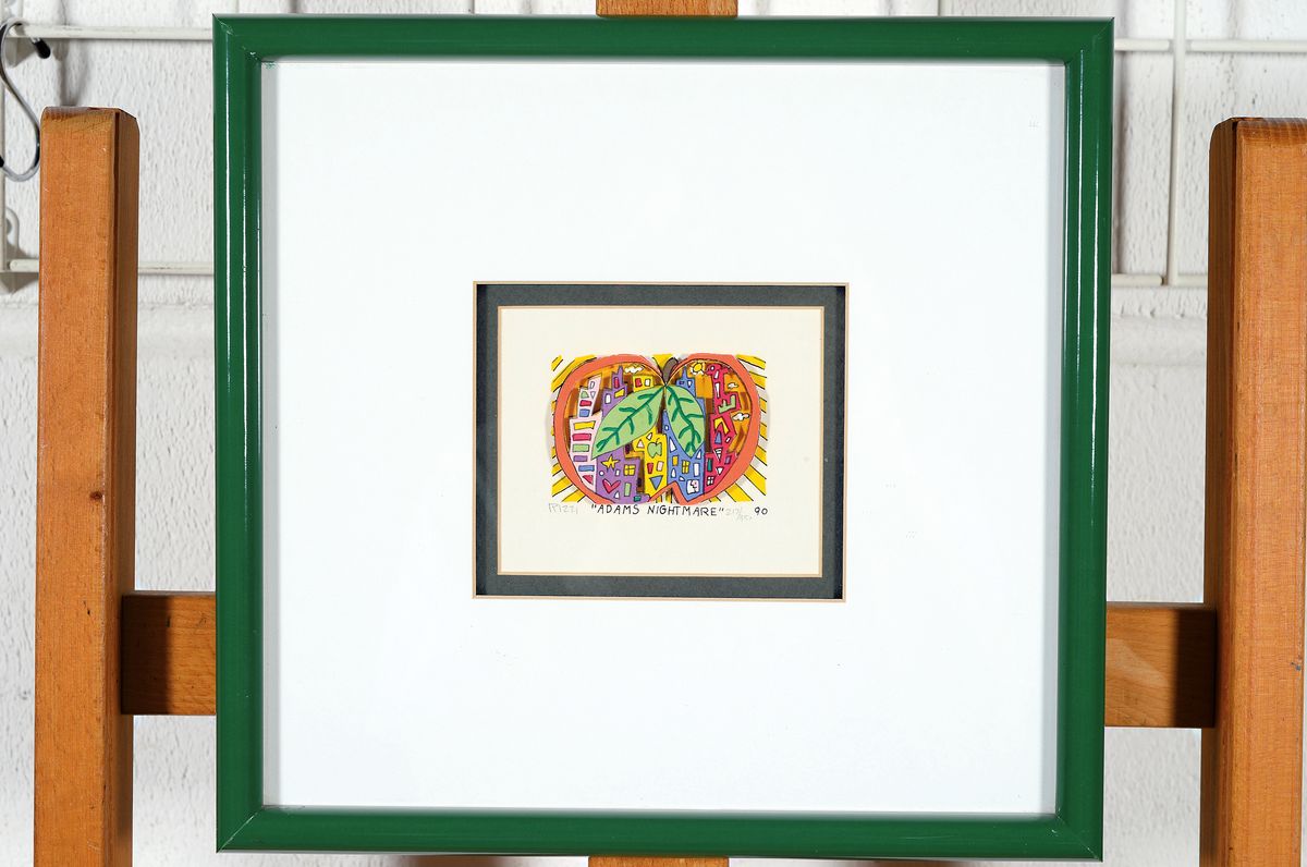Detail k: James Rizzi, 1950-2011, 3D-Farbserigraphie "Adams Nightmare" (1990), Ed. 212/351, handsigniert, Bild 10x12 cm, unter PP und Glasgerahmt, ...