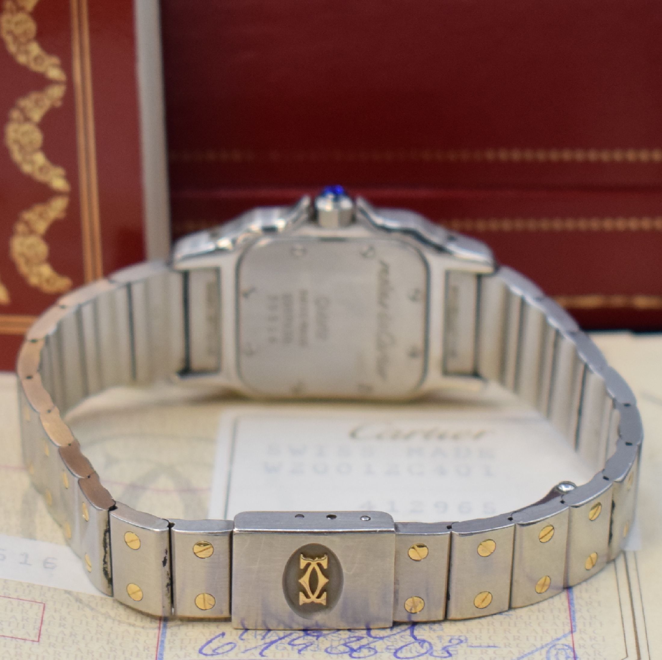 Detail b: CARTIER Santos Damenarmbanduhr in Stahl/Gold Referenz 1057930, Schweiz verk. lt. beil. Zertifikat 07/1994, quarz, orig. Gliederband m. Faltschl., ...