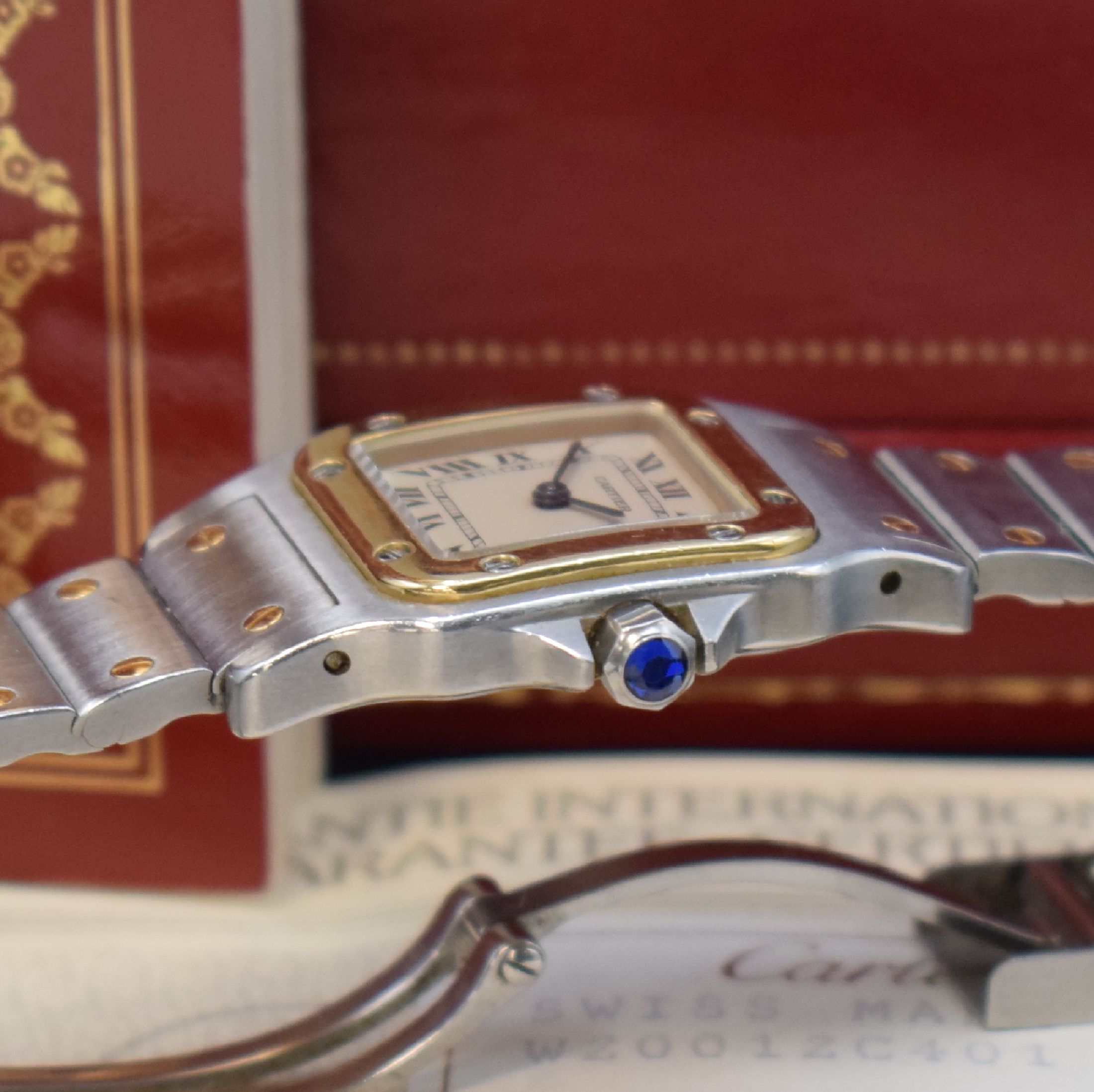 Detail c: CARTIER Santos Damenarmbanduhr in Stahl/Gold Referenz 1057930, Schweiz verk. lt. beil. Zertifikat 07/1994, quarz, orig. Gliederband m. Faltschl., ...
