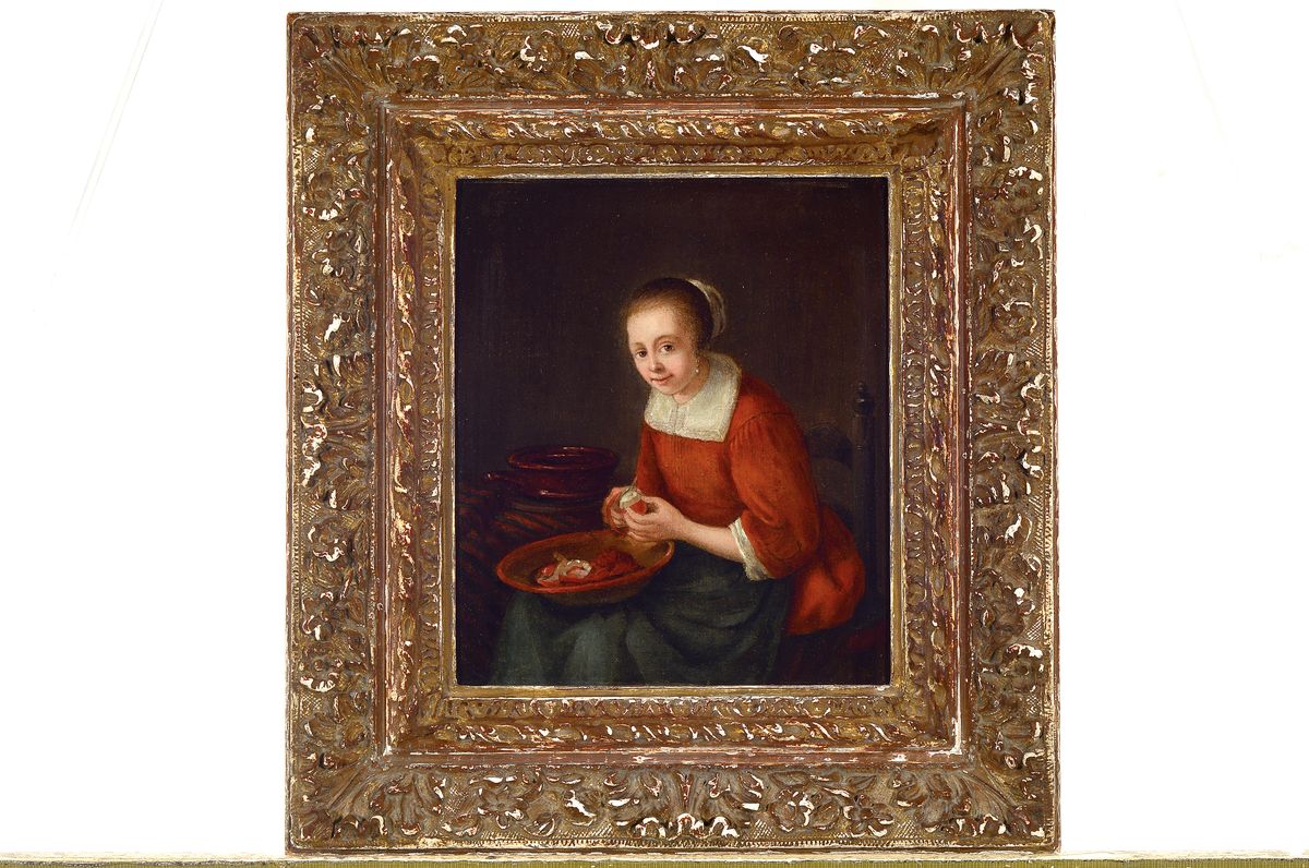 Detail k: Unbekannter Künstler des 18. Jh., nach Nicolas Maes, Junge Frau beim Apfel schälen, Öl/Holz, ca. 21x18cm, R. ca. 34x31cm