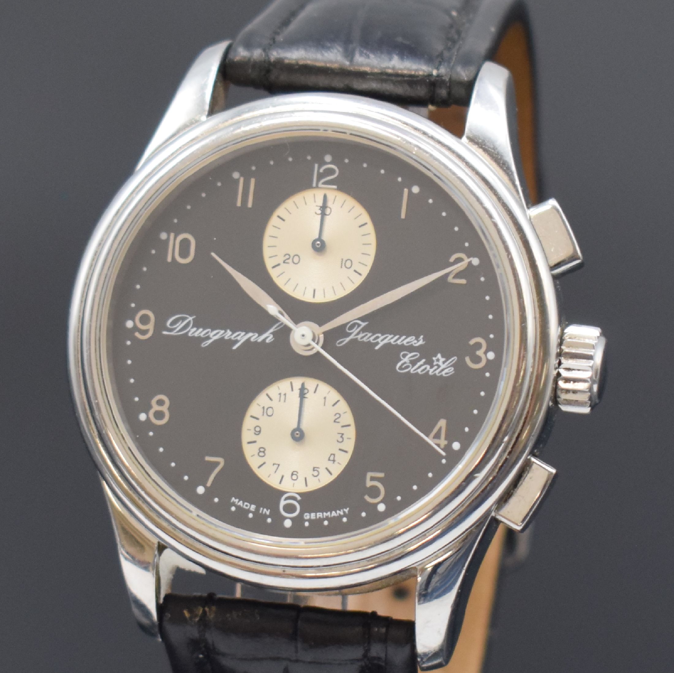 Detail a: JACQUES ETOILE Monaco Duograph Herrenarmbanduhr in Stahl, Deutschland verk. lt. beil. Garantie 12/2000, Automatik, beids. vergl. Geh., Boden 6-fach ...