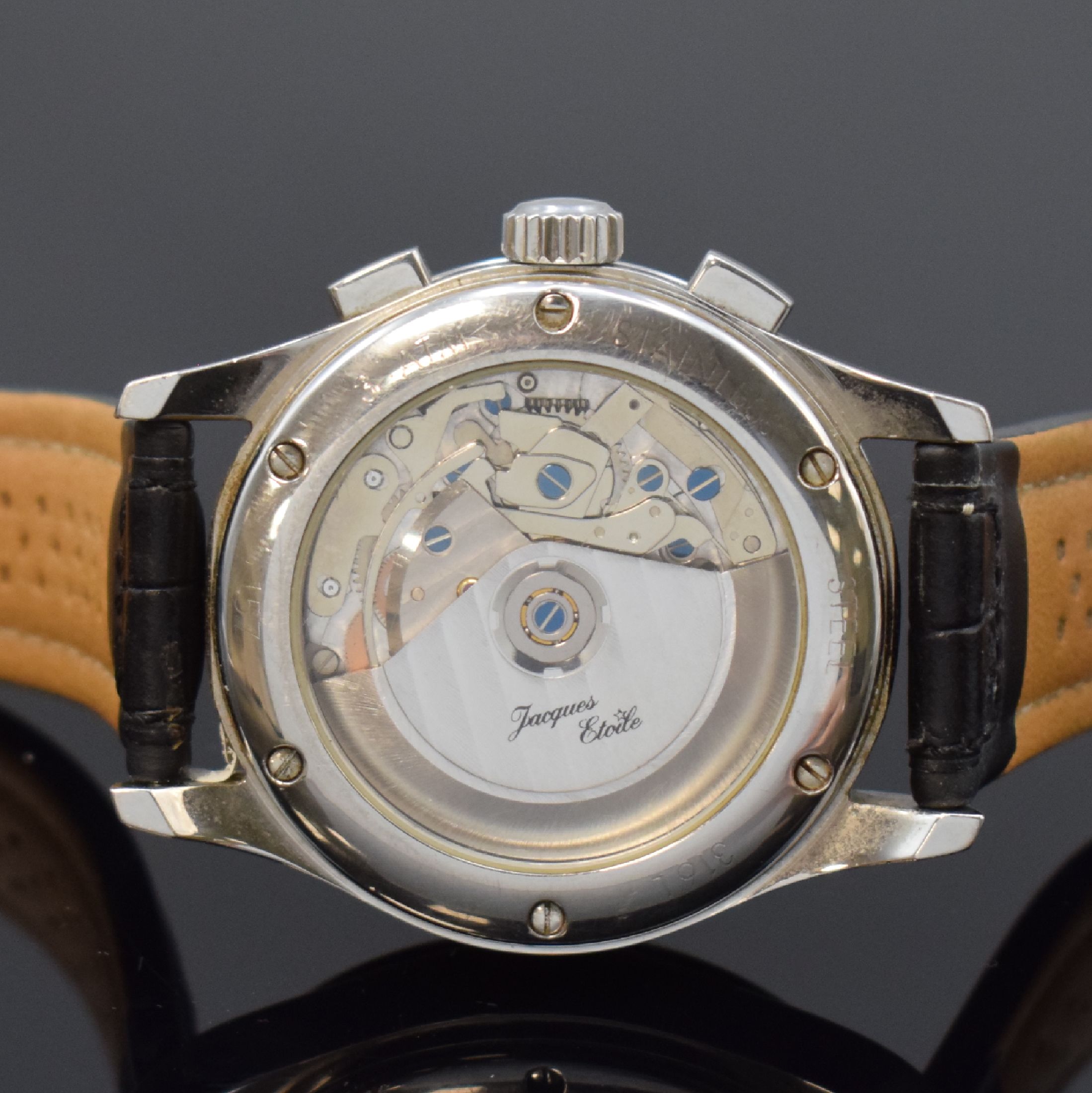 Detail c: JACQUES ETOILE Monaco Duograph Herrenarmbanduhr in Stahl, Deutschland verk. lt. beil. Garantie 12/2000, Automatik, beids. vergl. Geh., Boden 6-fach ...