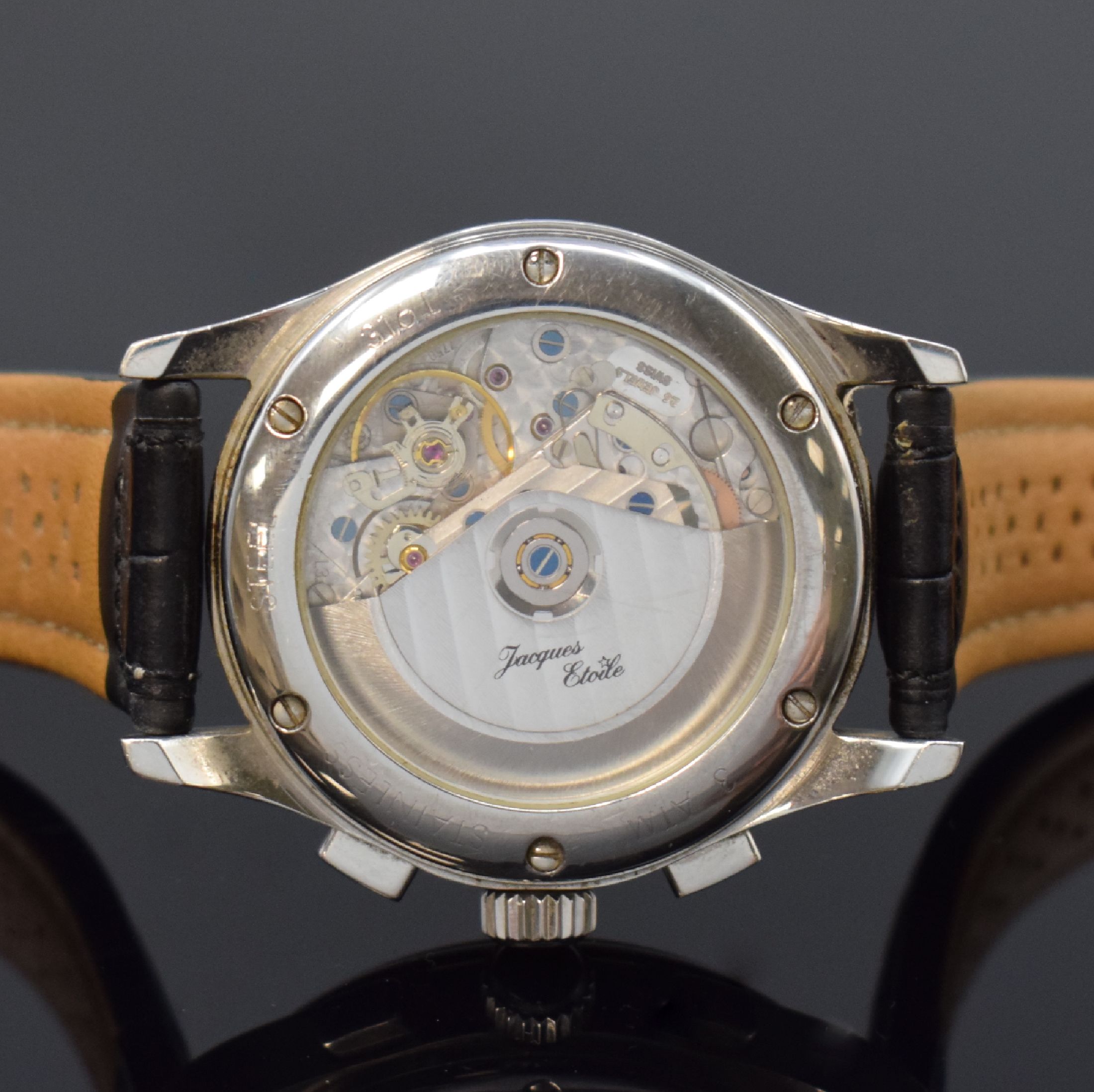 Detail d: JACQUES ETOILE Monaco Duograph Herrenarmbanduhr in Stahl, Deutschland verk. lt. beil. Garantie 12/2000, Automatik, beids. vergl. Geh., Boden 6-fach ...