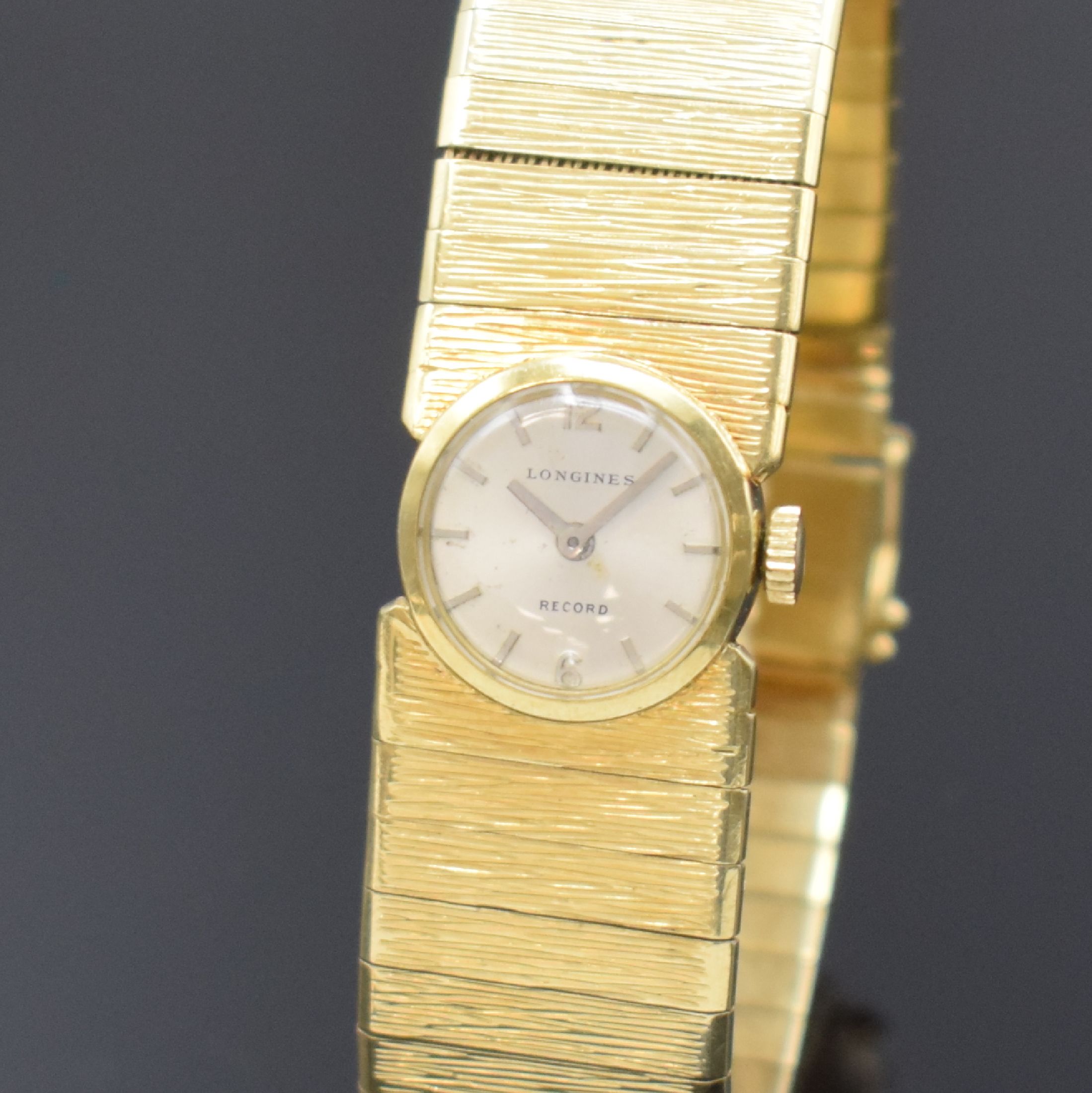 Detail a: LONGINES / RECORD Damenarmbanduhr in GG 585/000, Schweiz um 1965, Handaufzug, neutr. Geh., Boden aufgedr., neutr. Band in GG 585/000, Schließe m. ...