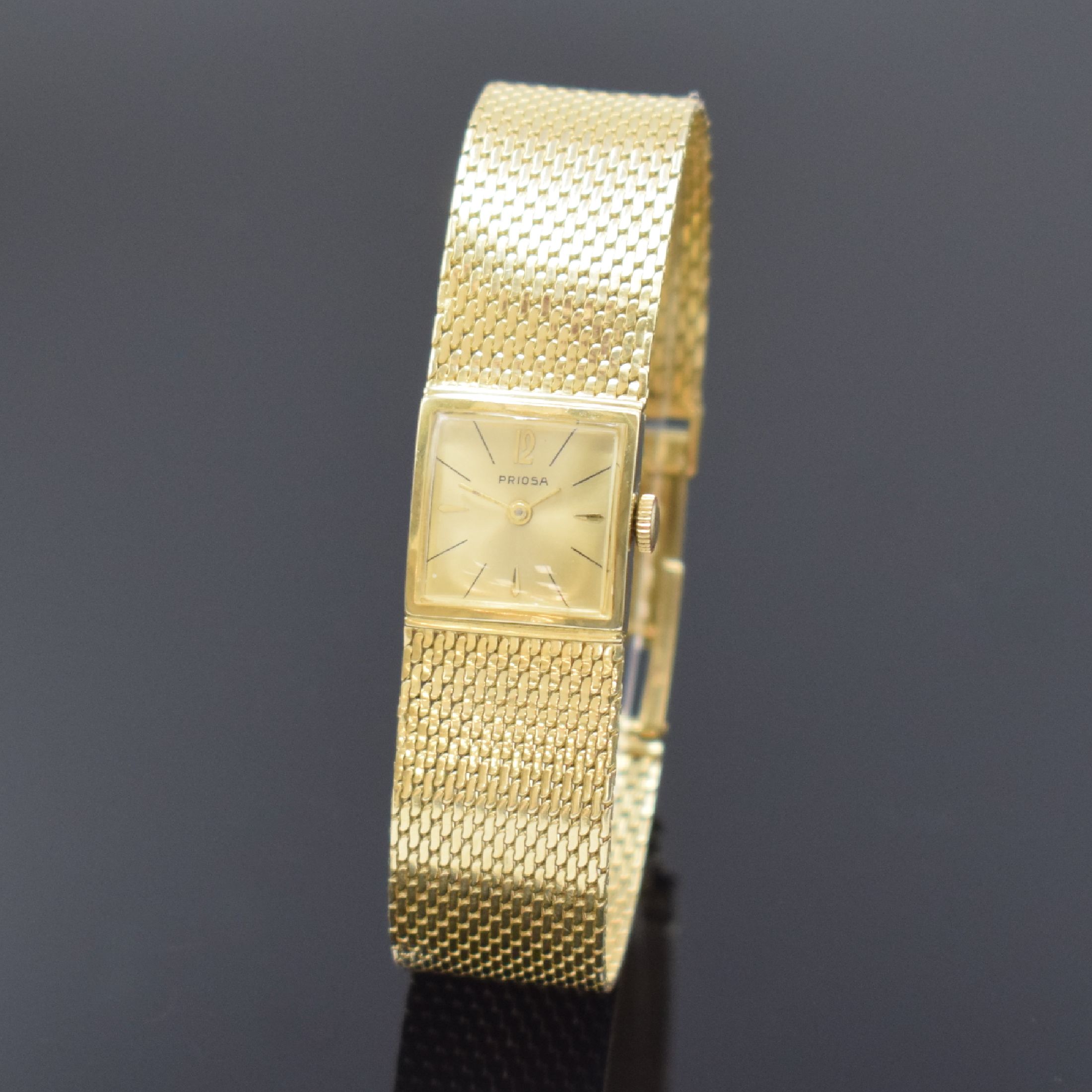 PRIOSA Damenarmbanduhr in GG 585/000, Schweiz um 1960, Handaufzug, 2-teil. Gehäuse, Boden aufgedr., Milanaiseband m. Monogramm, gold. Zifferbl. ...