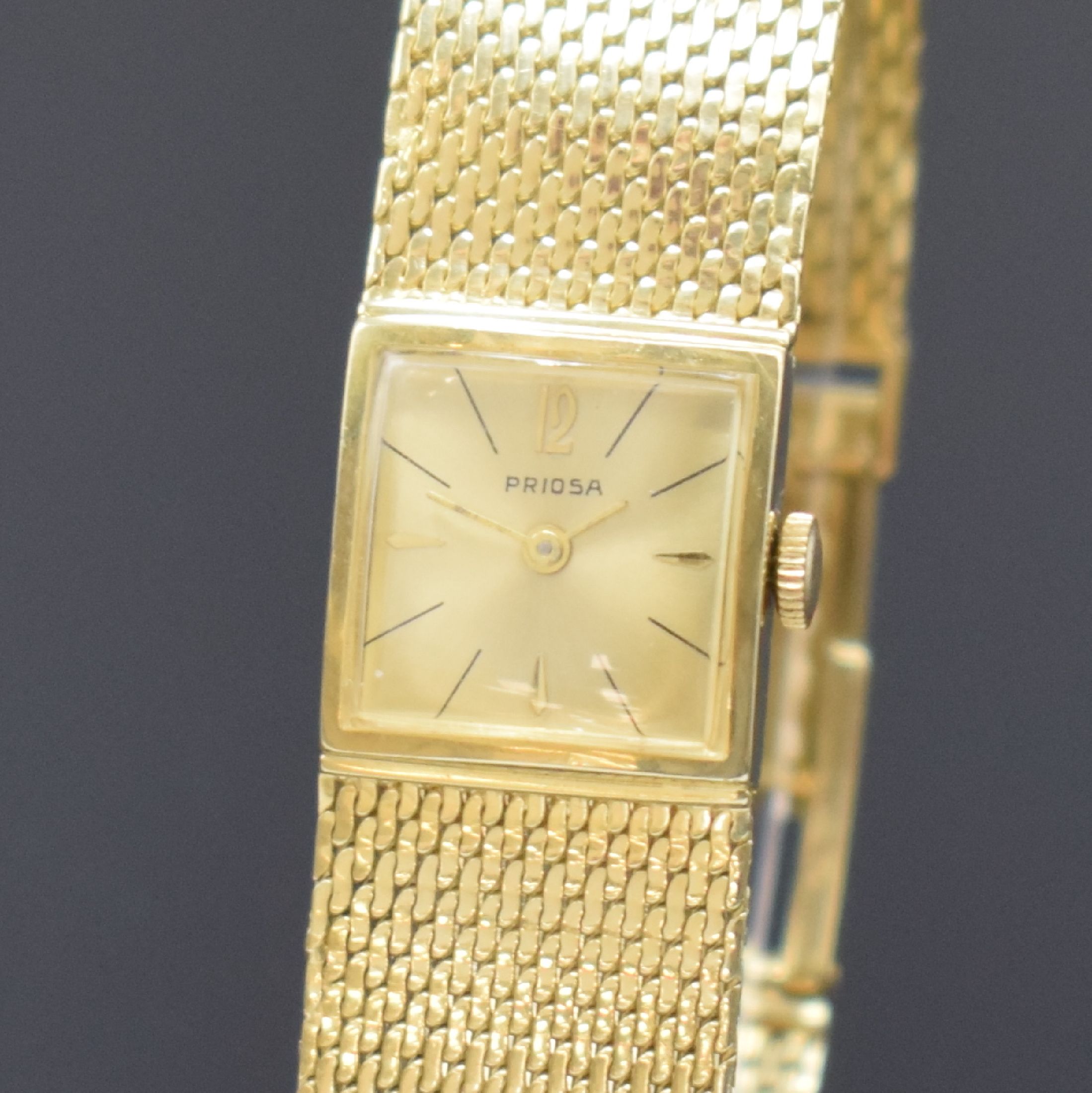 Detail a: PRIOSA Damenarmbanduhr in GG 585/000, Schweiz um 1960, Handaufzug, 2-teil. Gehäuse, Boden aufgedr., Milanaiseband m. Monogramm, gold. Zifferbl. ...