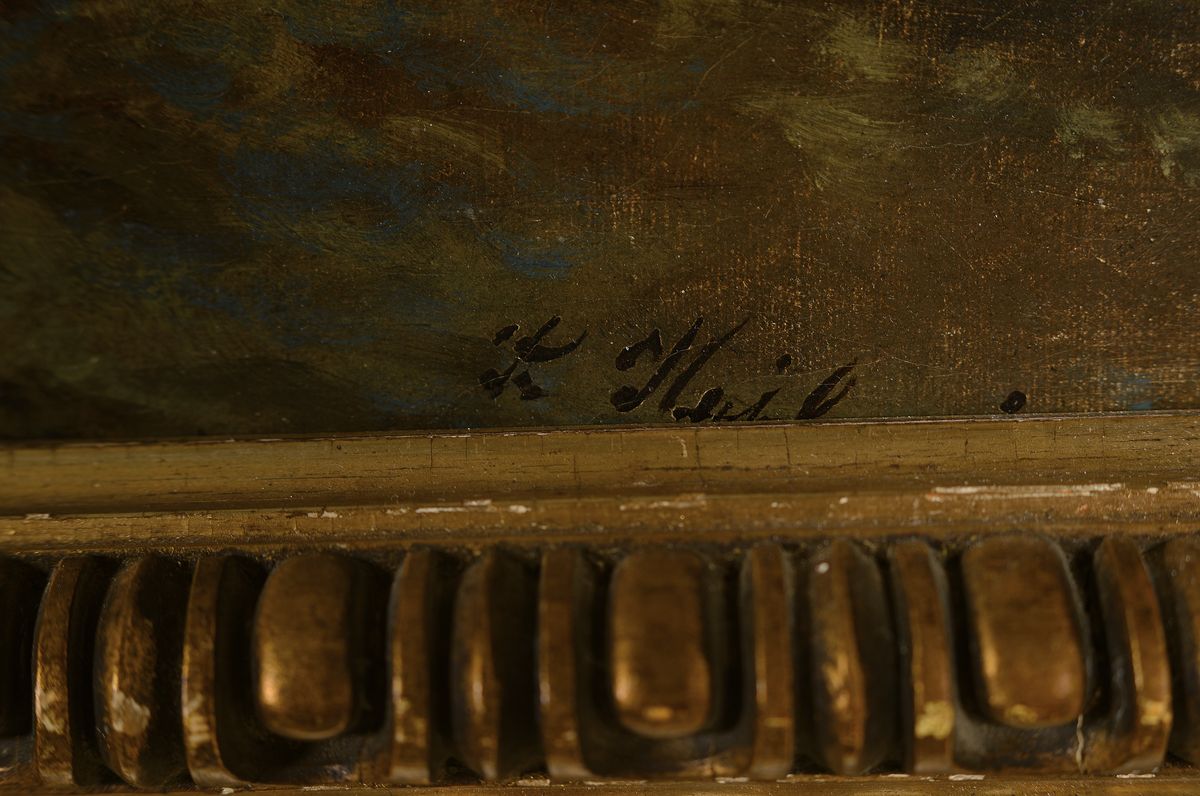 Detail a: Karl Heilmayer, 1829-1908 München, Person am Ufer eines Gebirgsees, Öl/Lwd, rechts unten signiert, ca. 46x70cm, massiver goldfarbener Rahmen ca. ...