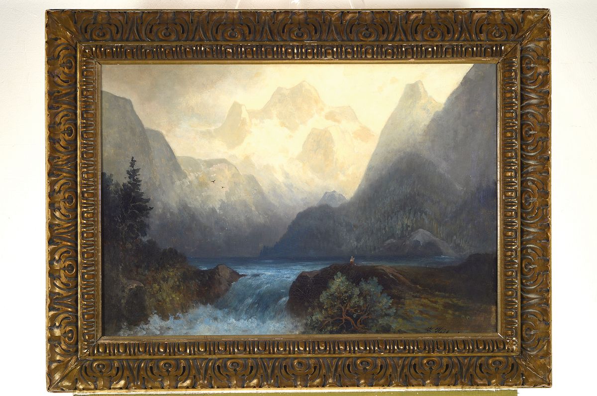 Detail k: Karl Heilmayer, 1829-1908 München, Person am Ufer eines Gebirgsees, Öl/Lwd, rechts unten signiert, ca. 46x70cm, massiver goldfarbener Rahmen ca. ...