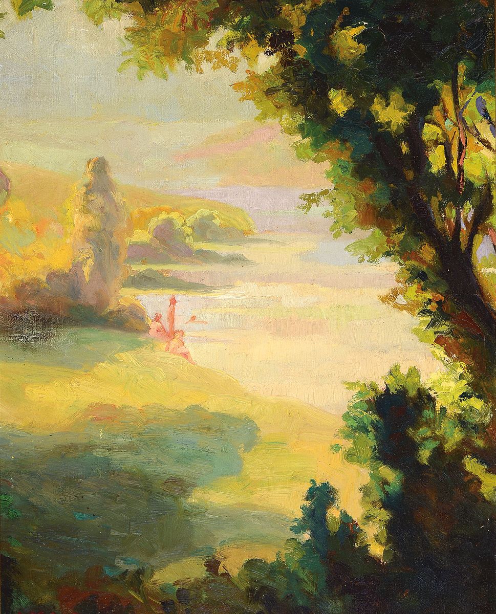 Pierre Lesage, geb. 1933, Badende am Strand einer Küste mit Baumgruppen, Öl/Lwd, links unten signiert, ca. 50x40cm, R. ca. 65x55cm