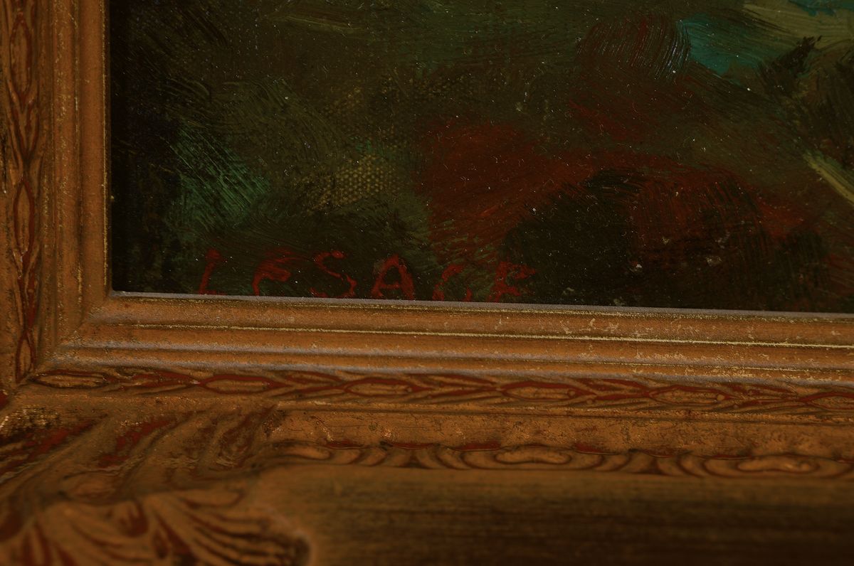 Detail a: Pierre Lesage, geb. 1933, Badende am Strand einer Küste mit Baumgruppen, Öl/Lwd, links unten signiert, ca. 50x40cm, R. ca. 65x55cm