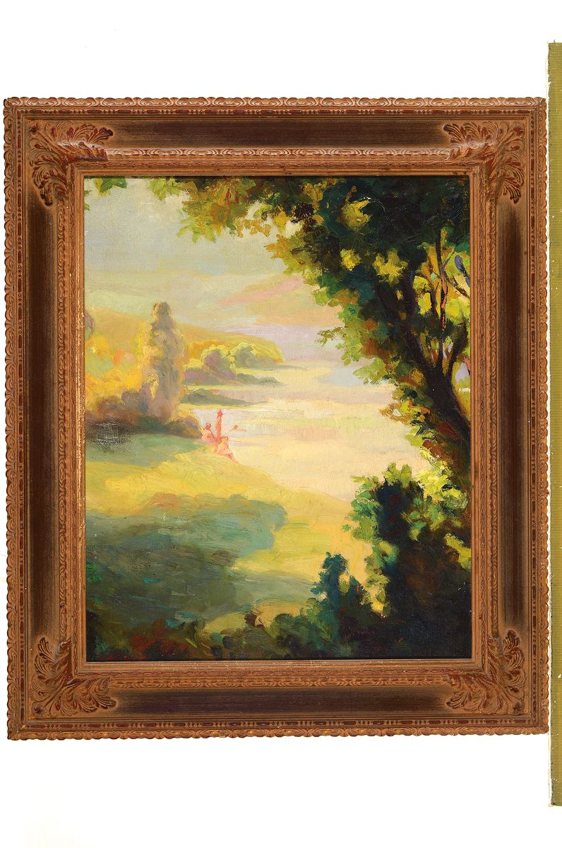 Detail k: Pierre Lesage, geb. 1933, Badende am Strand einer Küste mit Baumgruppen, Öl/Lwd, links unten signiert, ca. 50x40cm, R. ca. 65x55cm