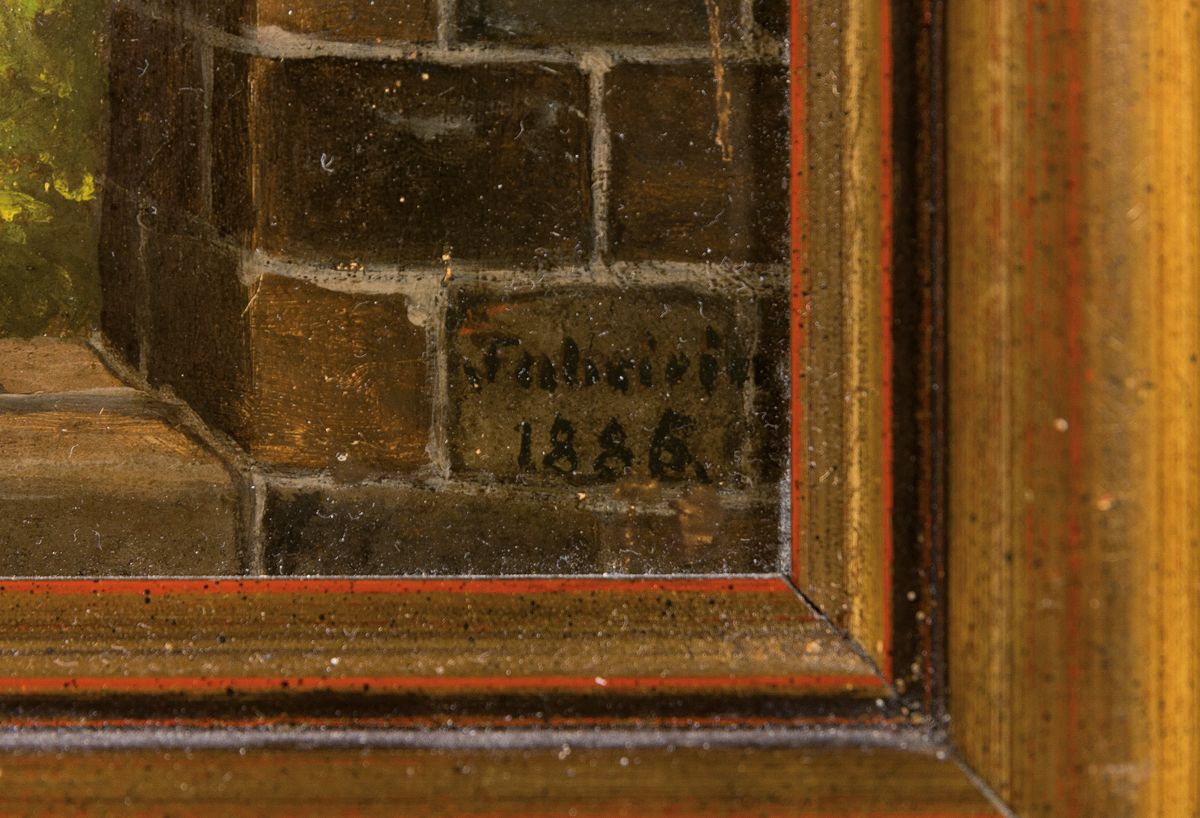Detail a: Fabricius, datiert 1886, Blick durch einen Torbogen auf eine Kirche, Öl/Holz, rechts unten signiert und dat., ca. 27x20cm, R. ca. 37x32cm