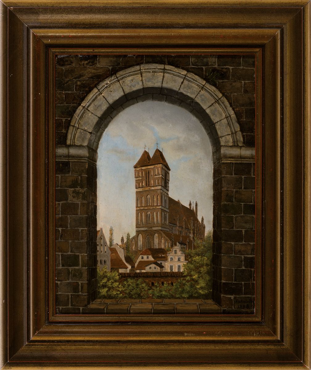 Detail k: Fabricius, datiert 1886, Blick durch einen Torbogen auf eine Kirche, Öl/Holz, rechts unten signiert und dat., ca. 27x20cm, R. ca. 37x32cm