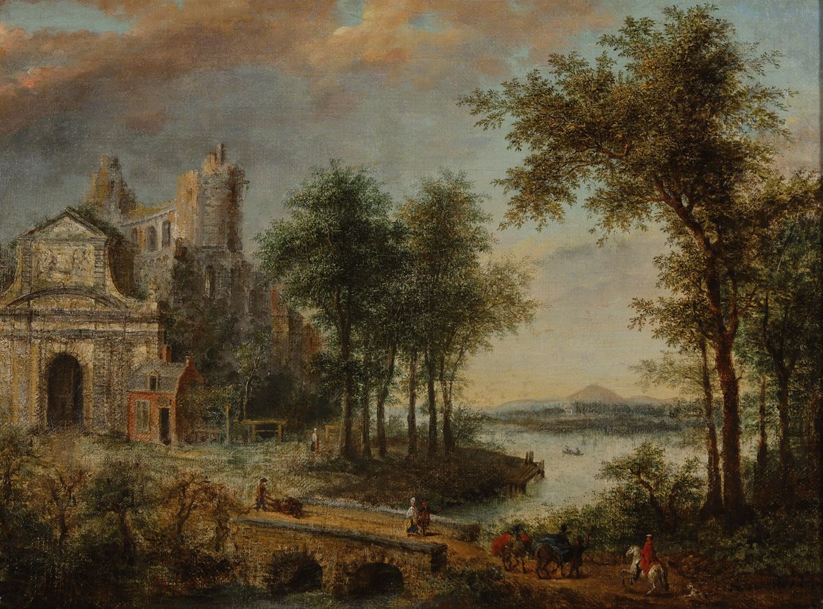 August van Heyden, 1827-1897, Landschaft mit Ruine in italienischem Stil, reiche Figurenstaffage, im Stile Lorrains, rechts unten signiert, stärker ...