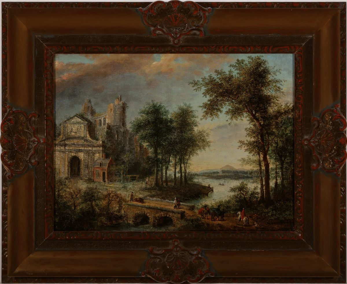 Detail k: August van Heyden, 1827-1897, Landschaft mit Ruine in italienischem Stil, reiche Figurenstaffage, im Stile Lorrains, rechts unten signiert, stärker ...