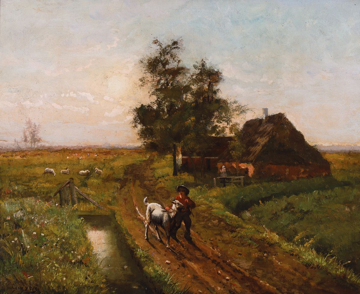 Vant Cussin o.ä., Ende 19.Jh., Bauernknabe mit Ziege auf Feldweg in pastoraler Landschaft, links unten unleserlich signiert, Öl/Lwd, 37x46 cm, ...