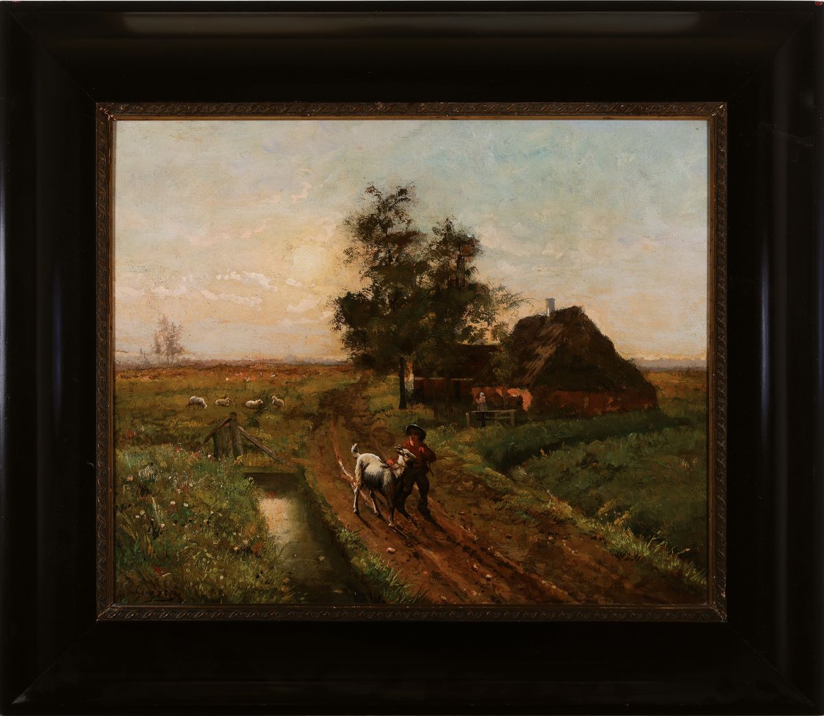 Detail k: Vant Cussin o.ä., Ende 19.Jh., Bauernknabe mit Ziege auf Feldweg in pastoraler Landschaft, links unten unleserlich signiert, Öl/Lwd, 37x46 cm, ...