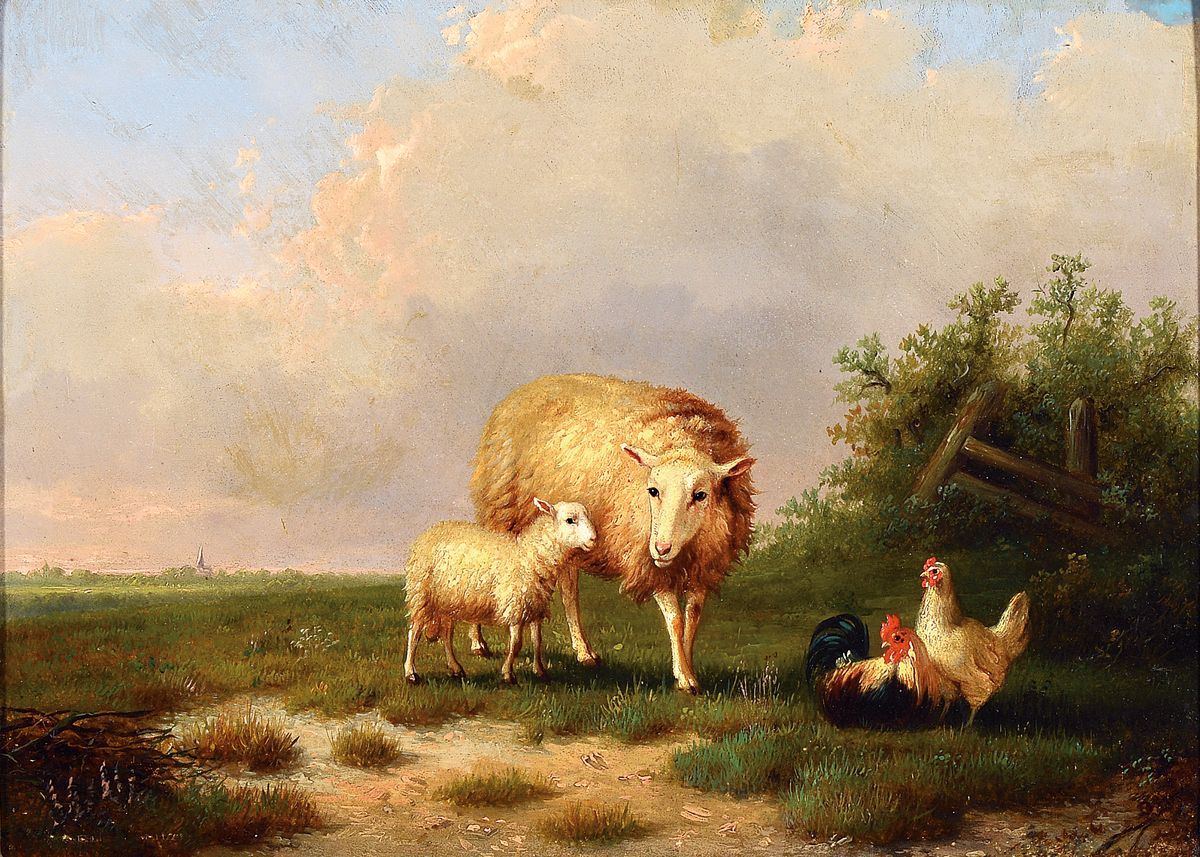 Auguste Coomans, um 1855-1896, 2 Landschaften mit Schafen, 1x signiert und datiert 1874, Öl/Holzplatte, Alterssp., 23x33/22x27 cm, je gerahmt ...