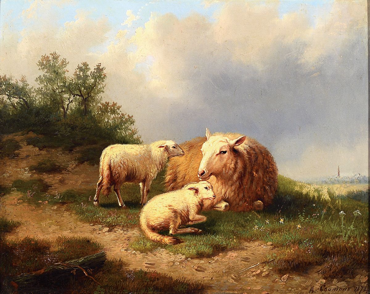 Detail a: Auguste Coomans, um 1855-1896, 2 Landschaften mit Schafen, 1x signiert und datiert 1874, Öl/Holzplatte, Alterssp., 23x33/22x27 cm, je gerahmt ...